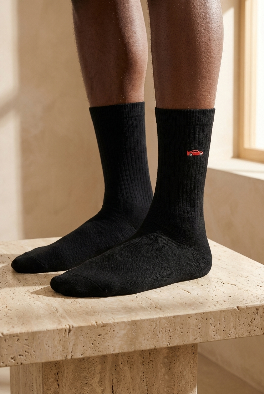 Men's Red Car Embroidered Socket Socks Black