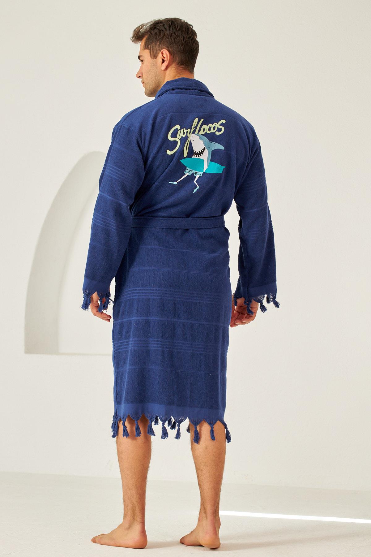 Erkek Lacivert Renkli Köpekbalığı Baskılı Havlu Bornoz