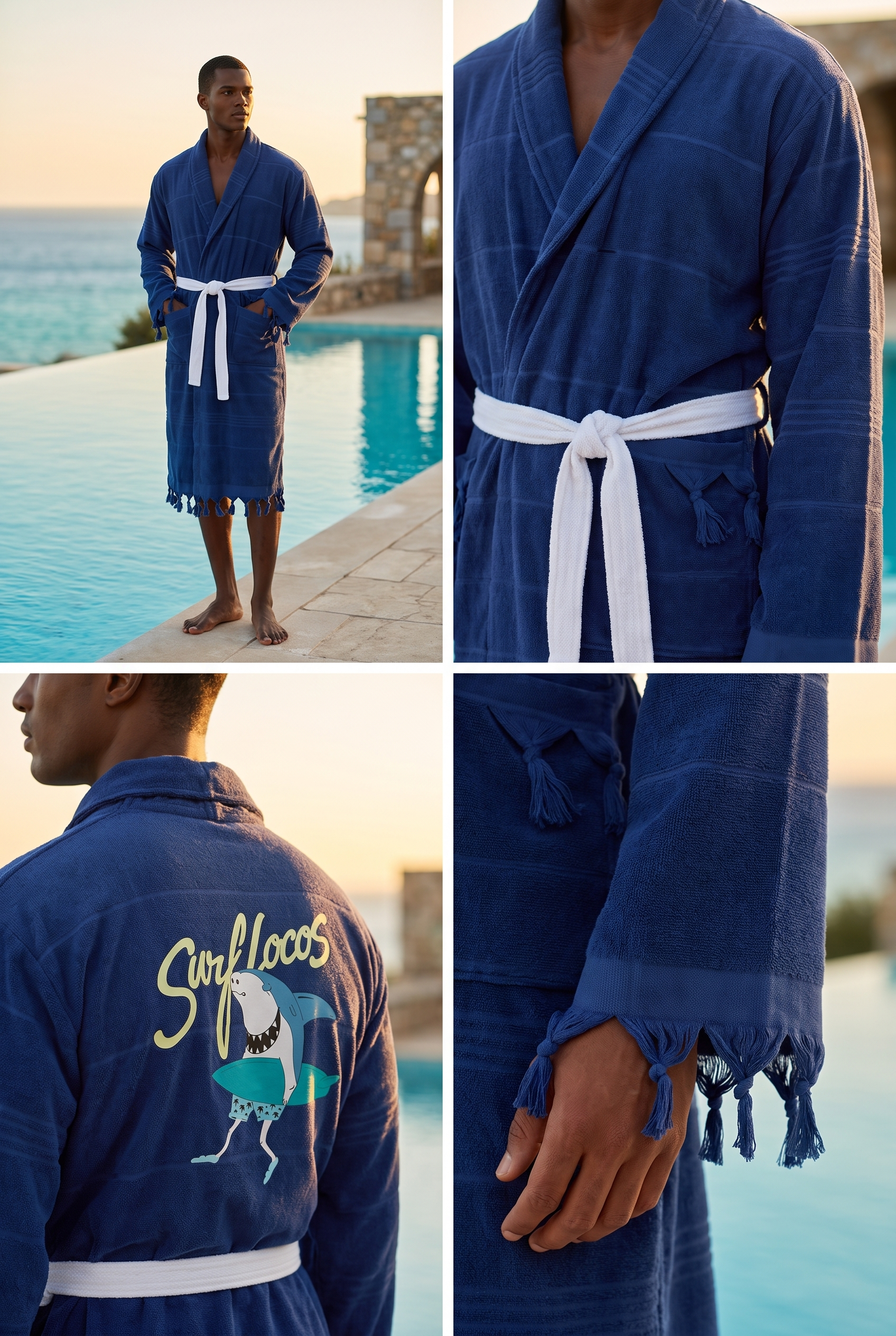Men's Navy Blue Colored Shark Printed Towel Bathrobe