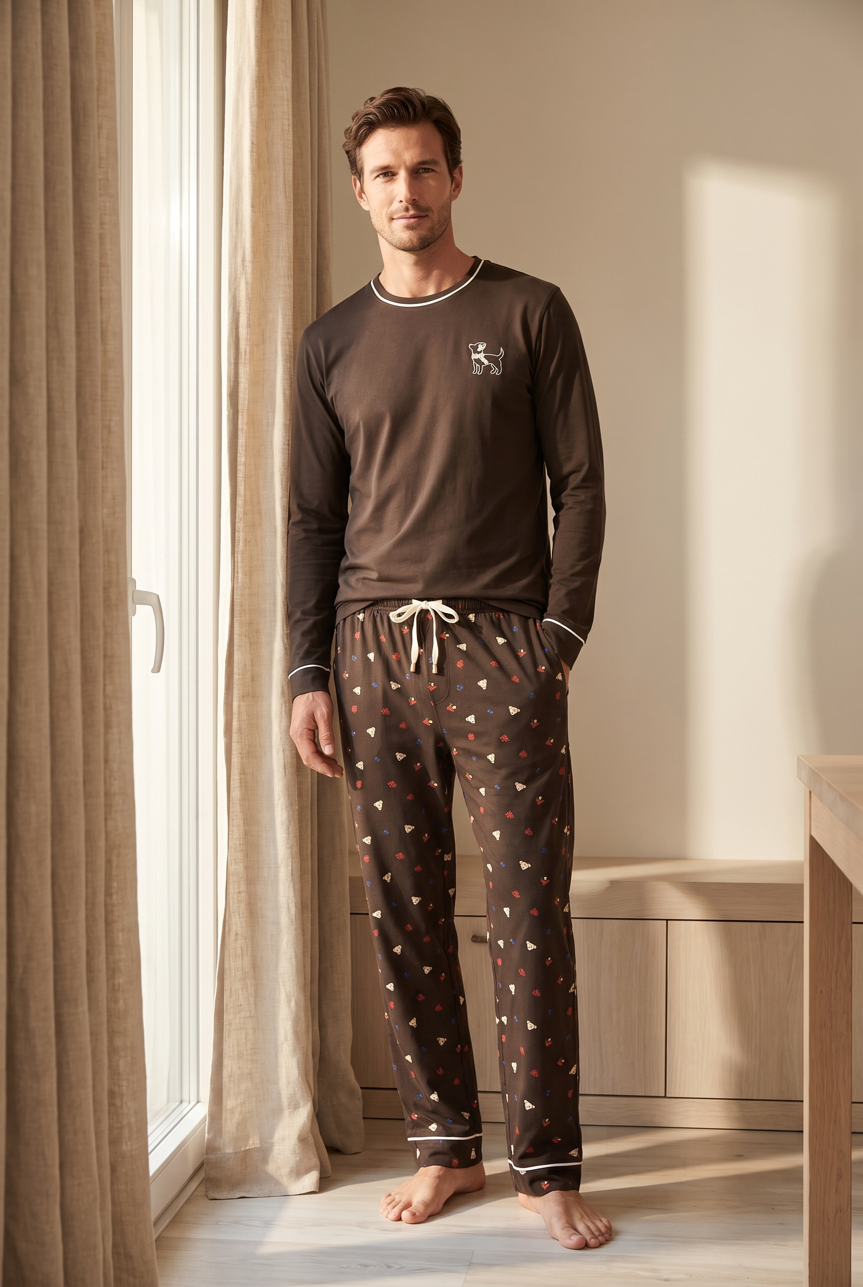 Erkek Lovely Winter Köpek Nakışlı Pijama Takımı Koyu Kahve