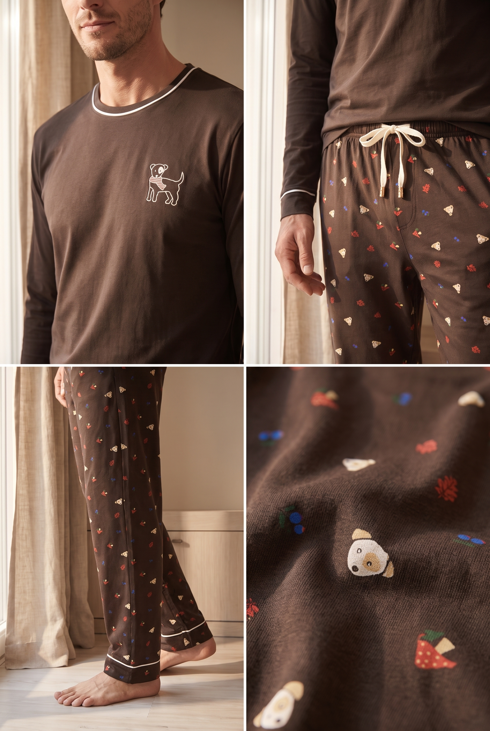 Erkek Lovely Winter Köpek Nakışlı Pijama Takımı Koyu Kahve