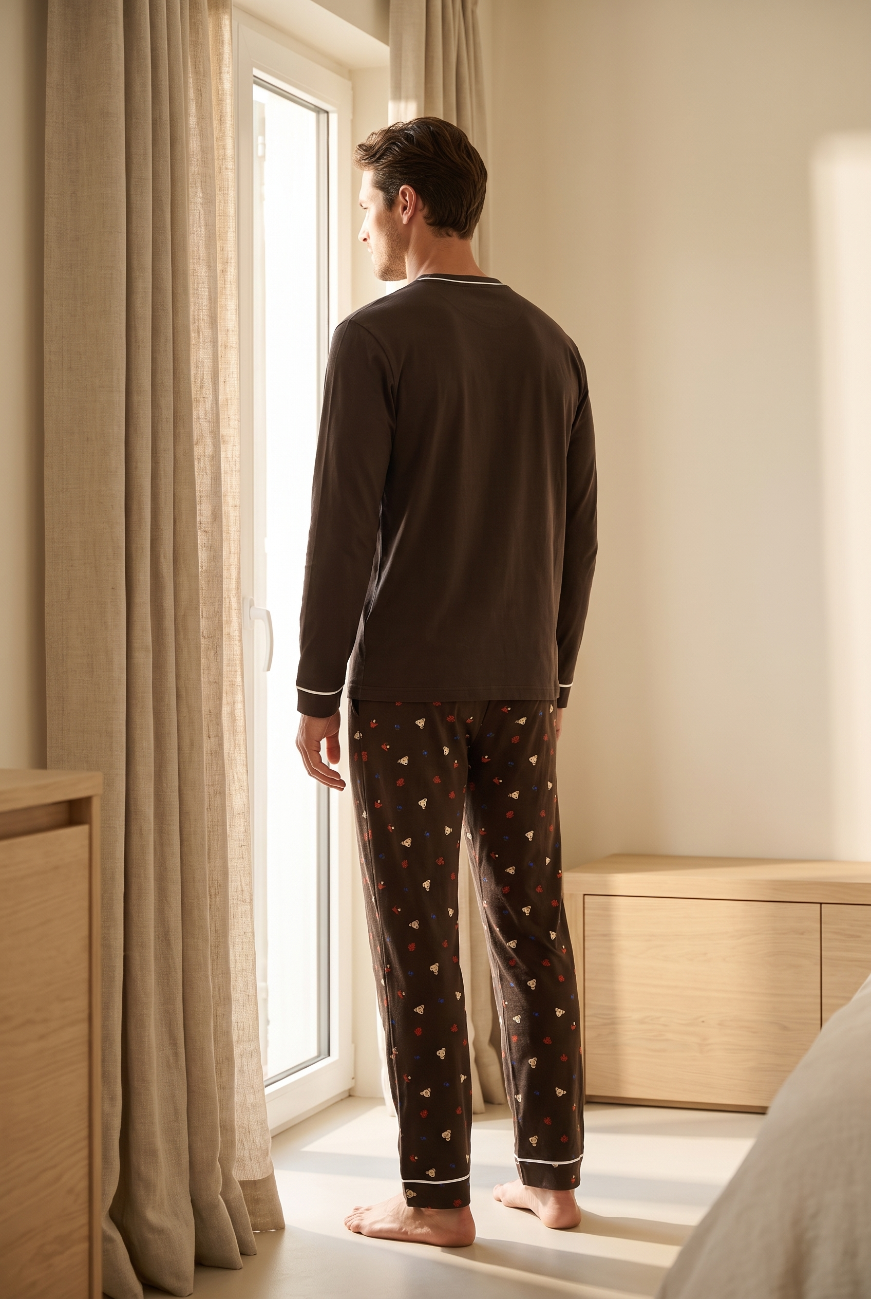 Erkek Lovely Winter Köpek Nakışlı Pijama Takımı Koyu Kahve