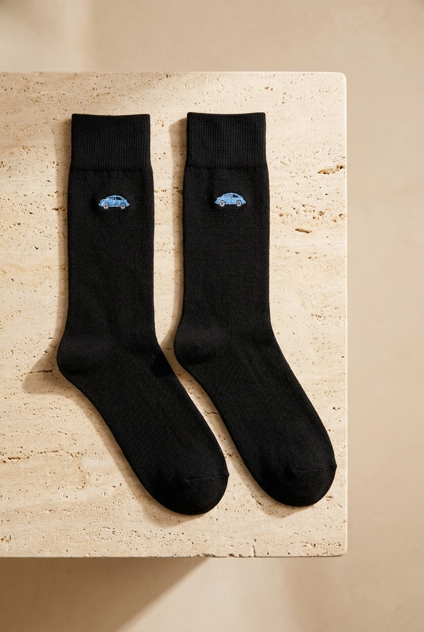 Men's Blue Car Embroidered Socket Socks Black