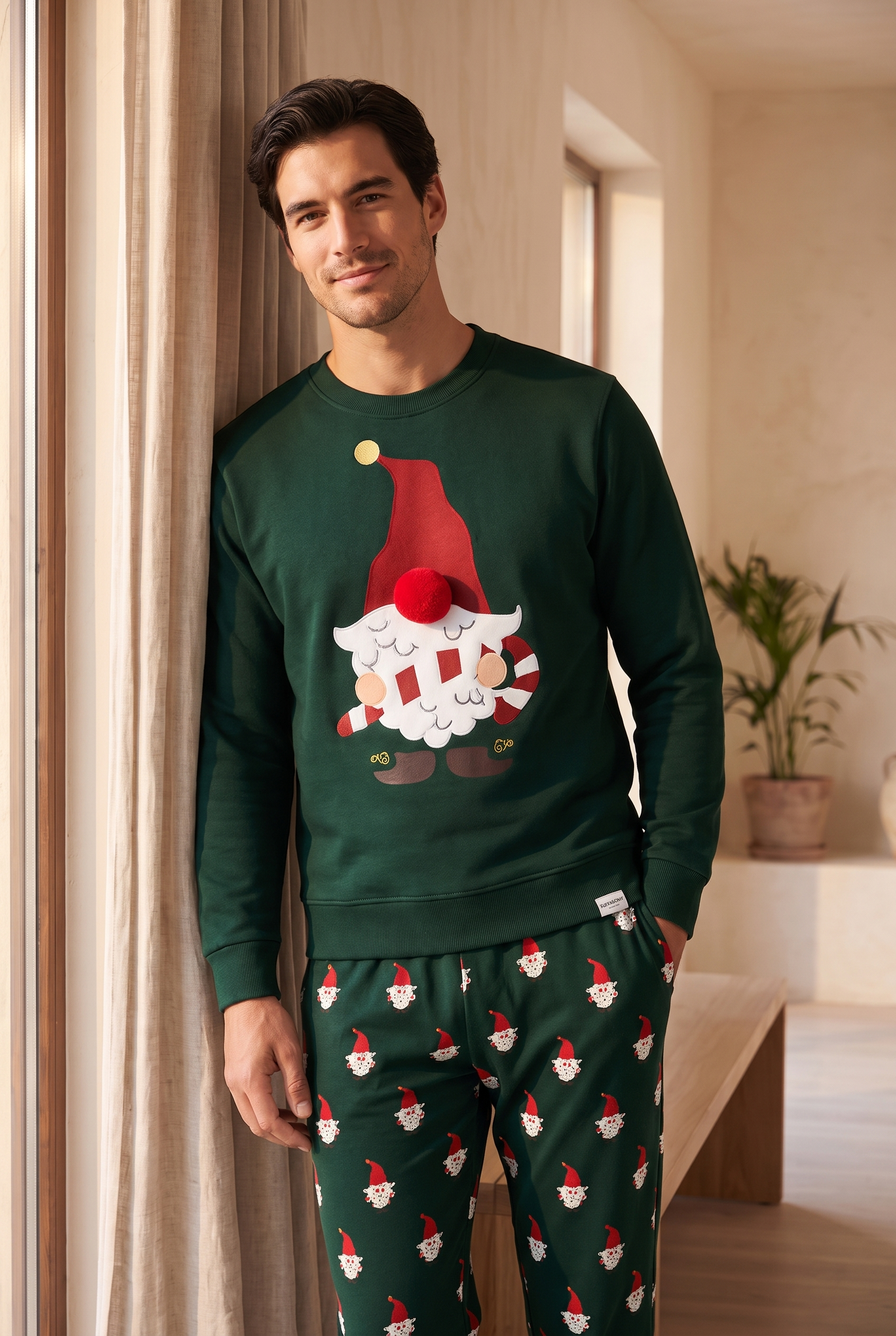 Erkek Santa Claus Yılbaşı Temalı Sweatshirt Pijama Üstü Yeşil