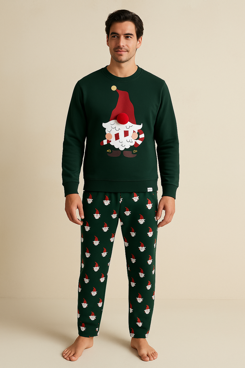 Erkek Santa Claus Yılbaşı Temalı Sweatshirt Pijama Üstü Yeşil