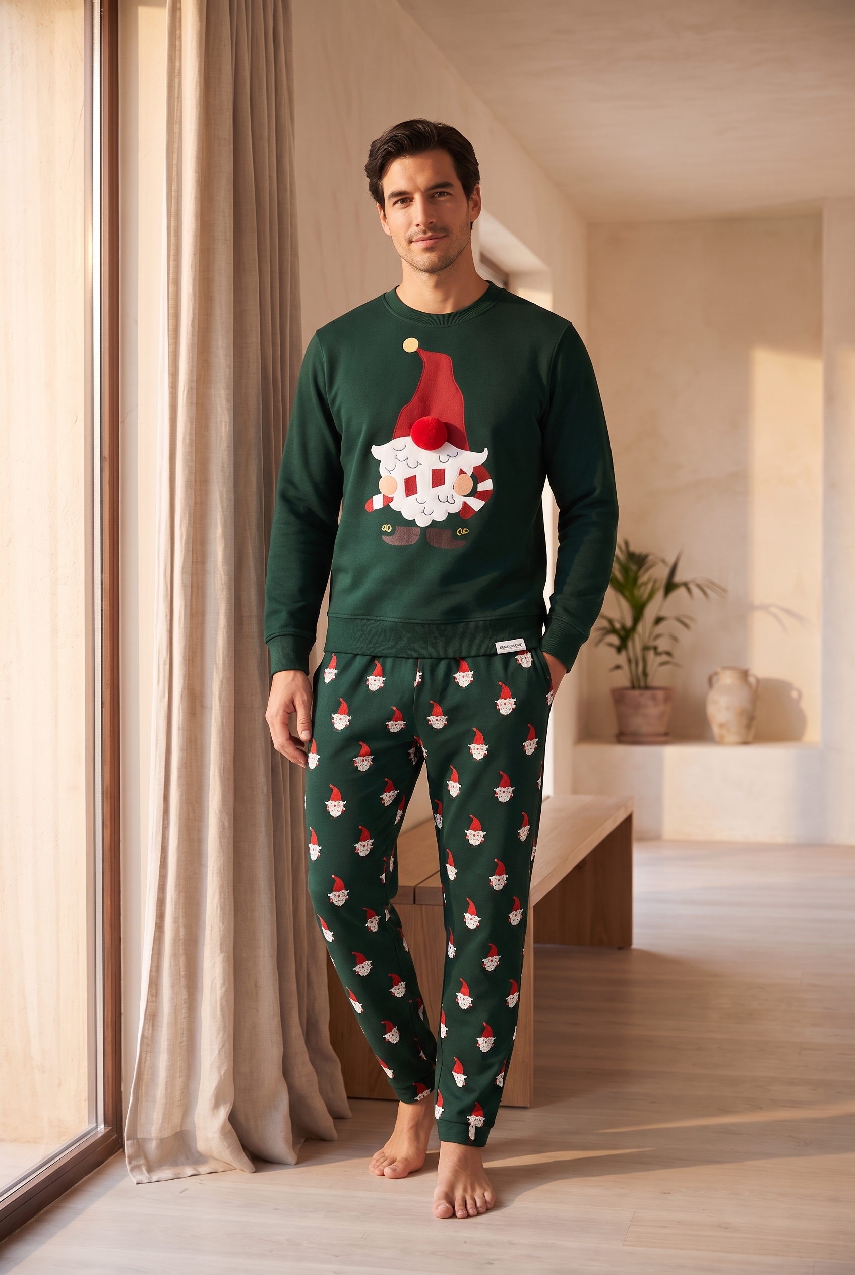 Erkek Santa Claus Yılbaşı Temalı Sweatshirt Pijama Üstü Yeşil