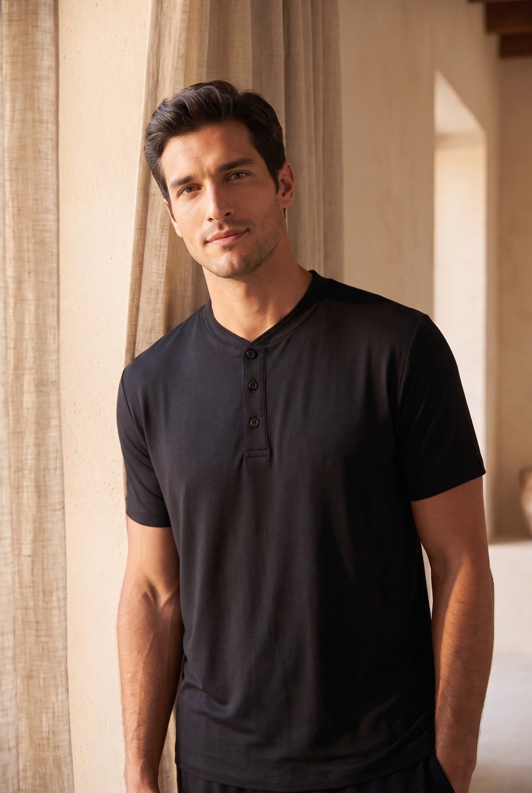 Men's Silver Button Pajama Top Black