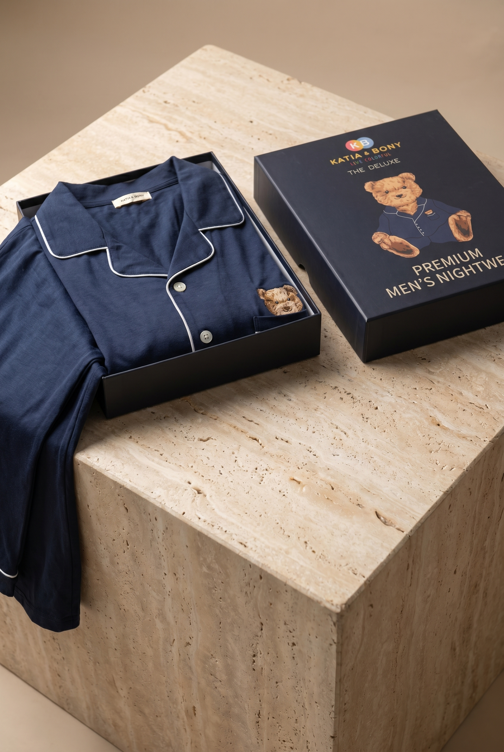 Erkek Teddy Desenli Kutulu Pijama Takımı Lacivert