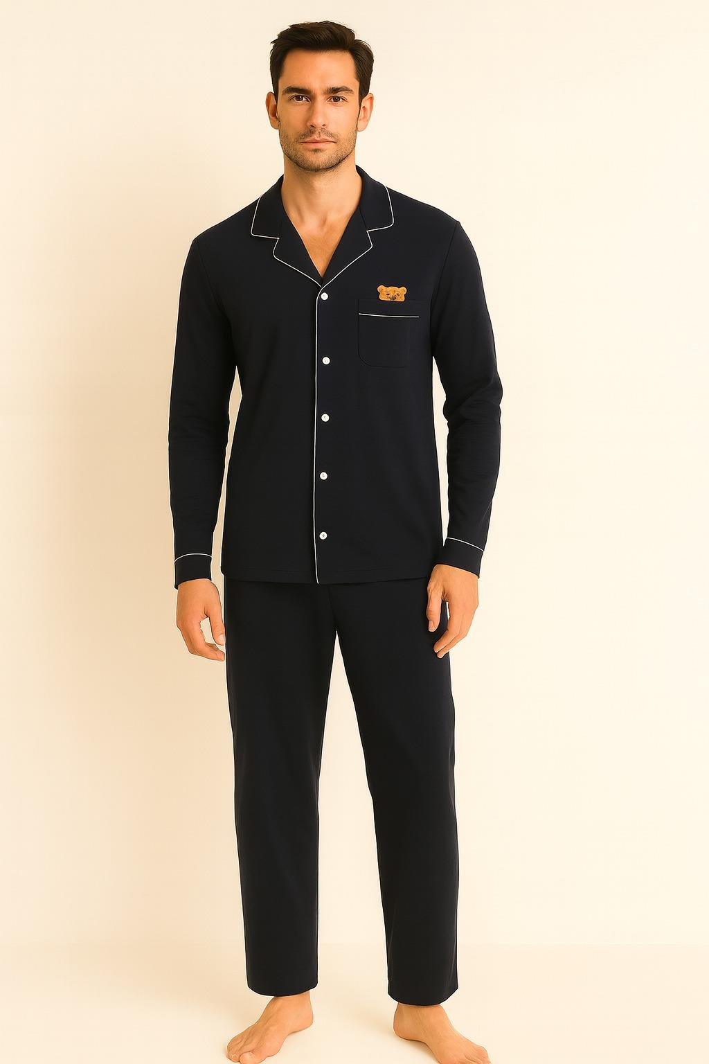 Erkek Teddy Desenli Kutulu Pijama Takımı Lacivert