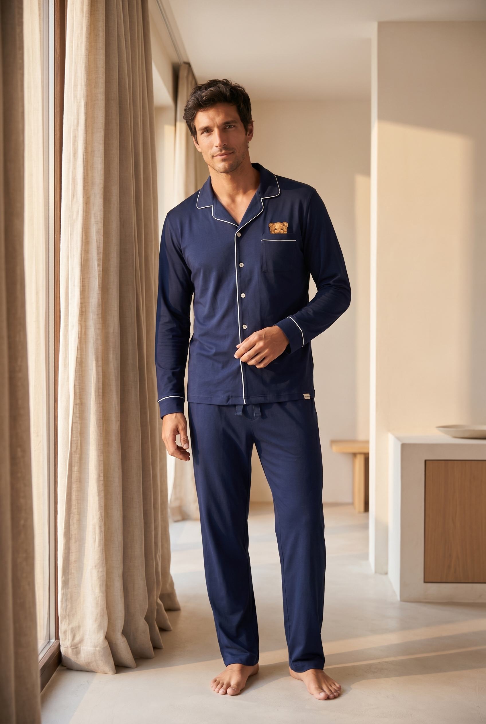 Erkek Teddy Desenli Kutulu Pijama Takımı Lacivert