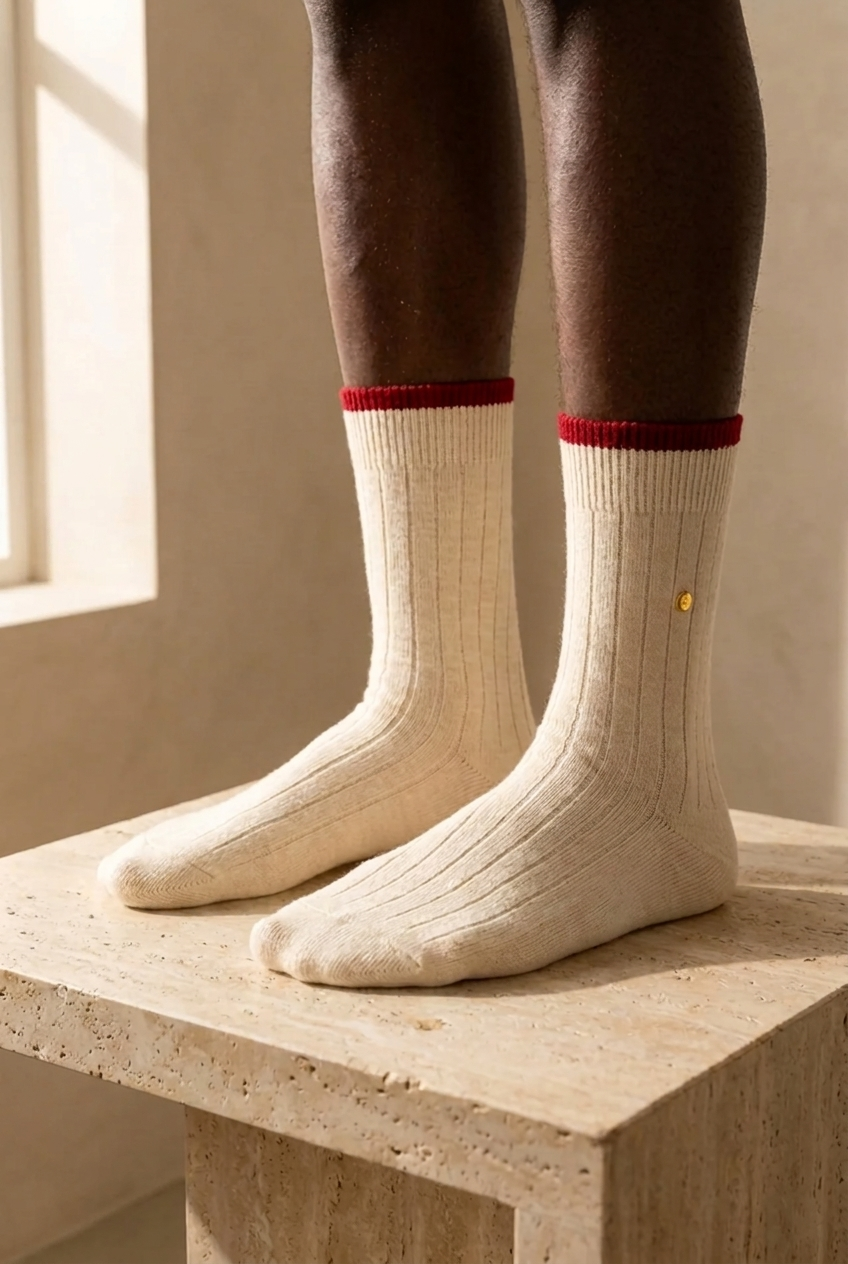 Men's Studded Check Socks Beige-Burgundy