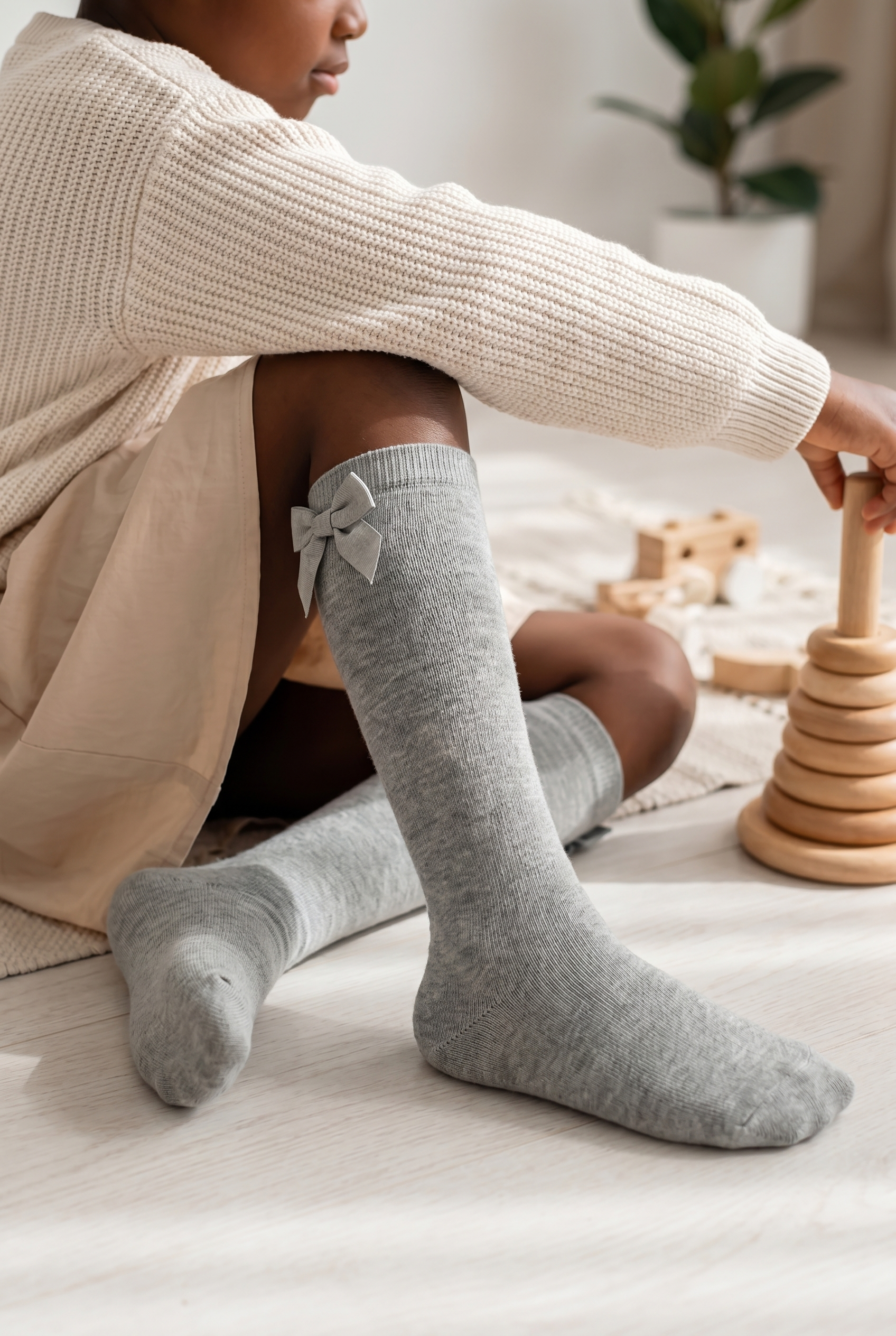 Family Knee-High Kids Basic Socks With Ribbon Grey-Melange
