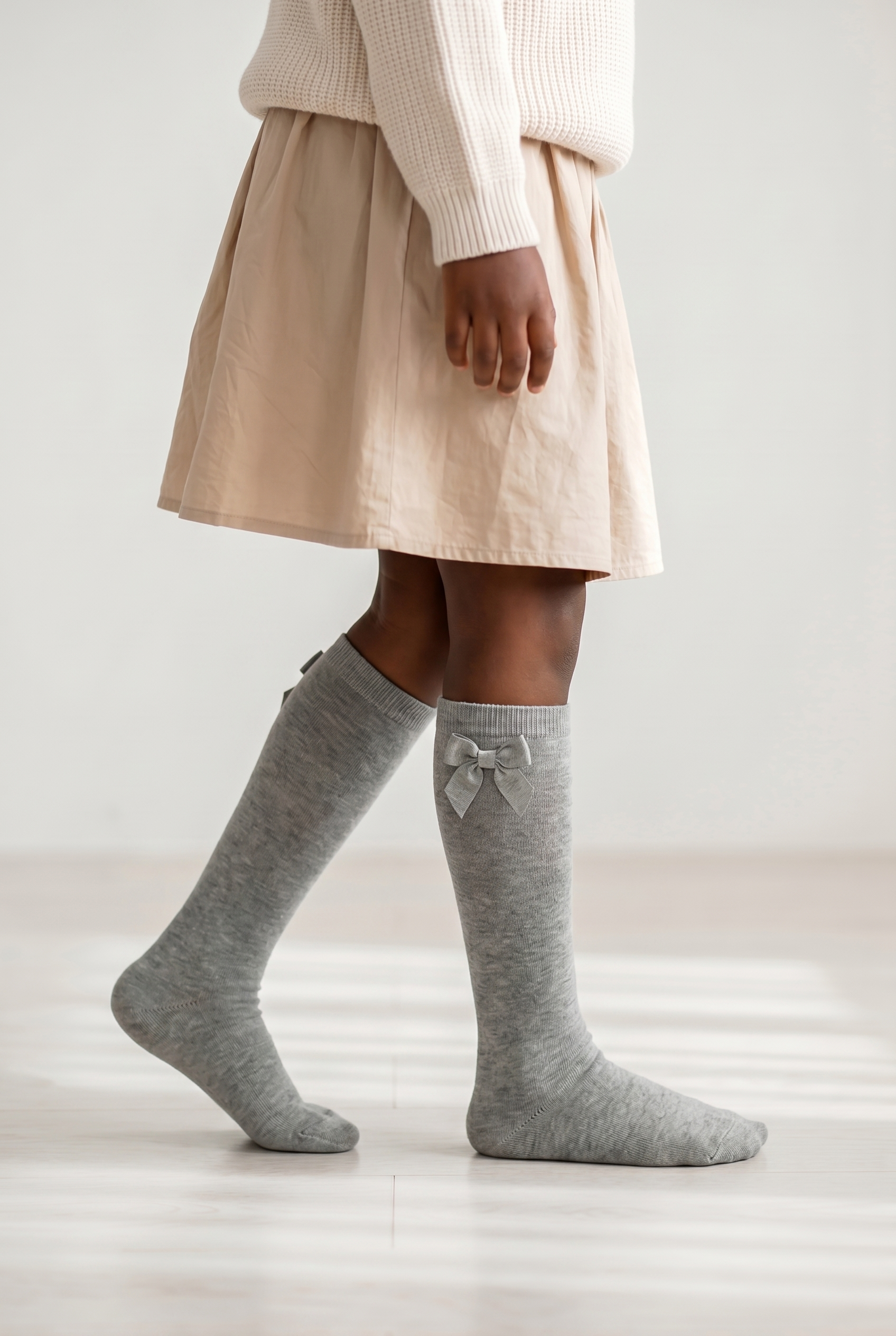 Family Knee-High Kids Basic Socks With Ribbon Grey-Melange