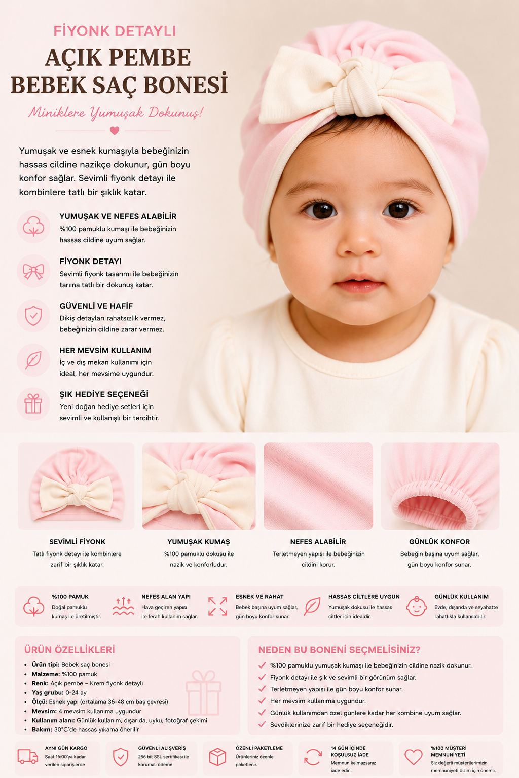 Light Pink Baby Hair Cap With Bow Detail