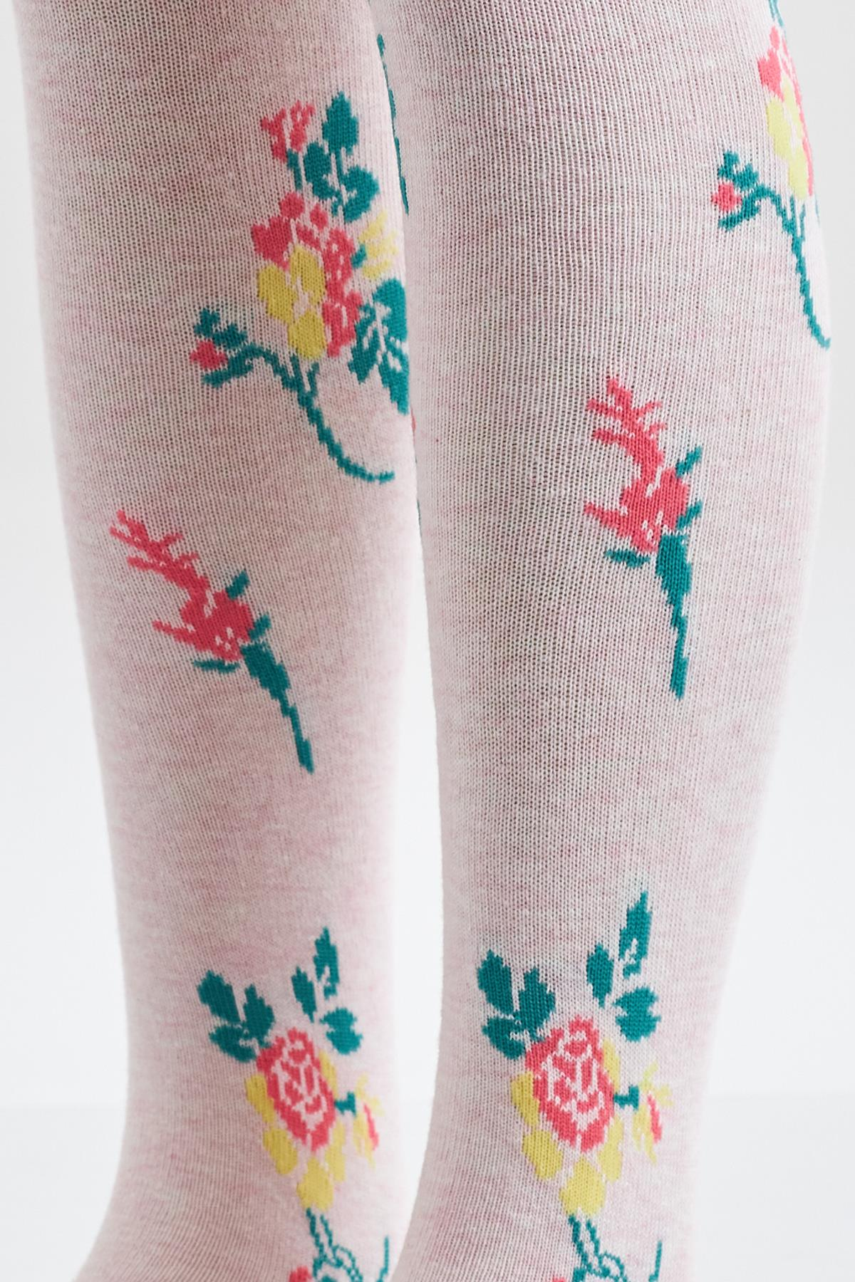 Flower Desenli Çocuk Külotlu Çorap Pembe Melanj