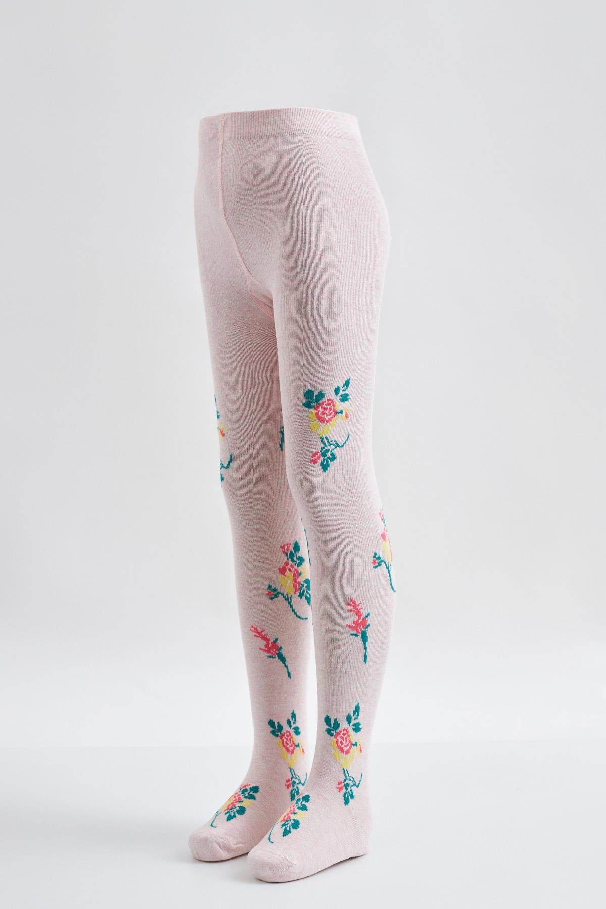 Flower Desenli Çocuk Külotlu Çorap Pembe Melanj