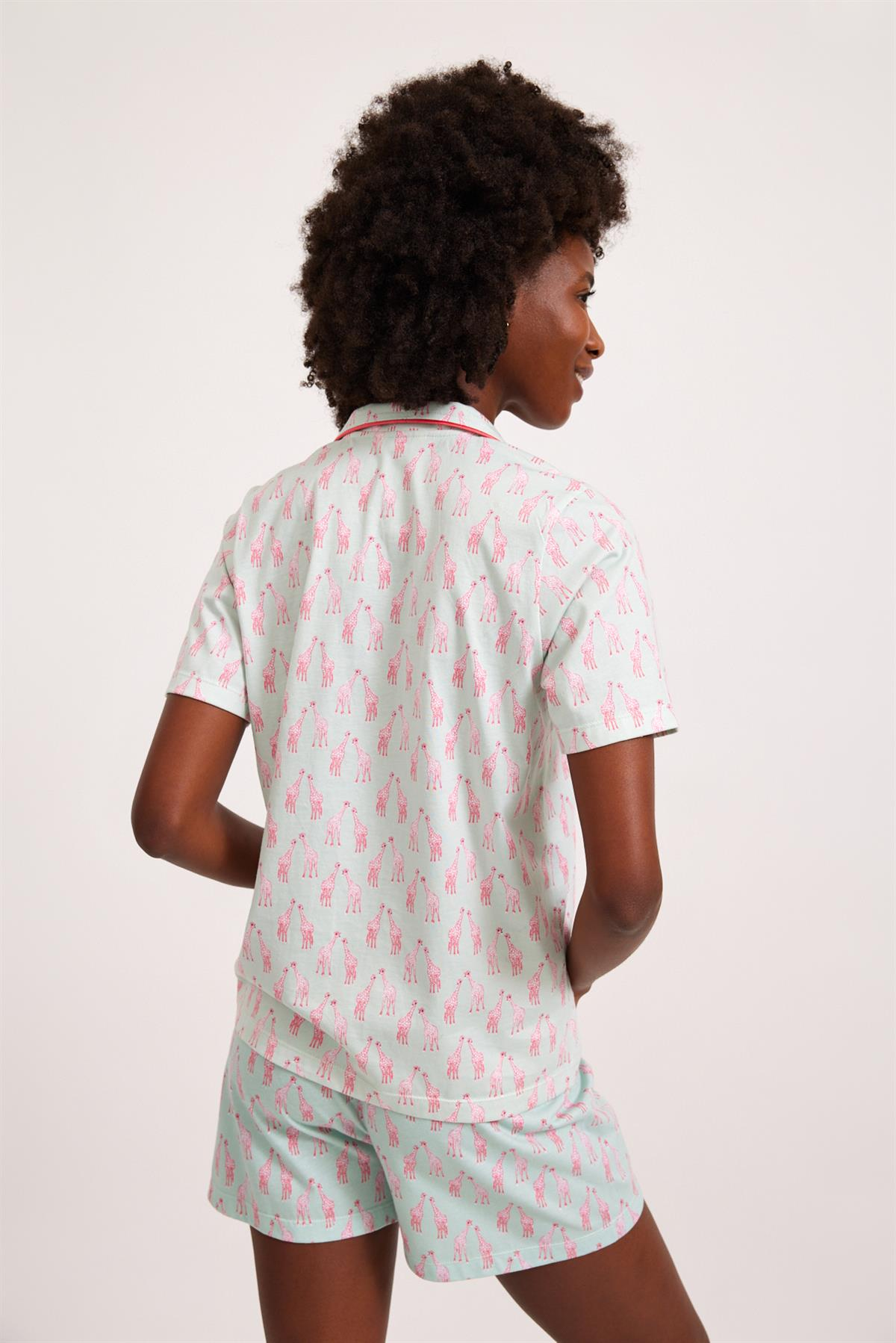 Fun Giraffe Düğmeli Kadın Pijama Üst Yeşil