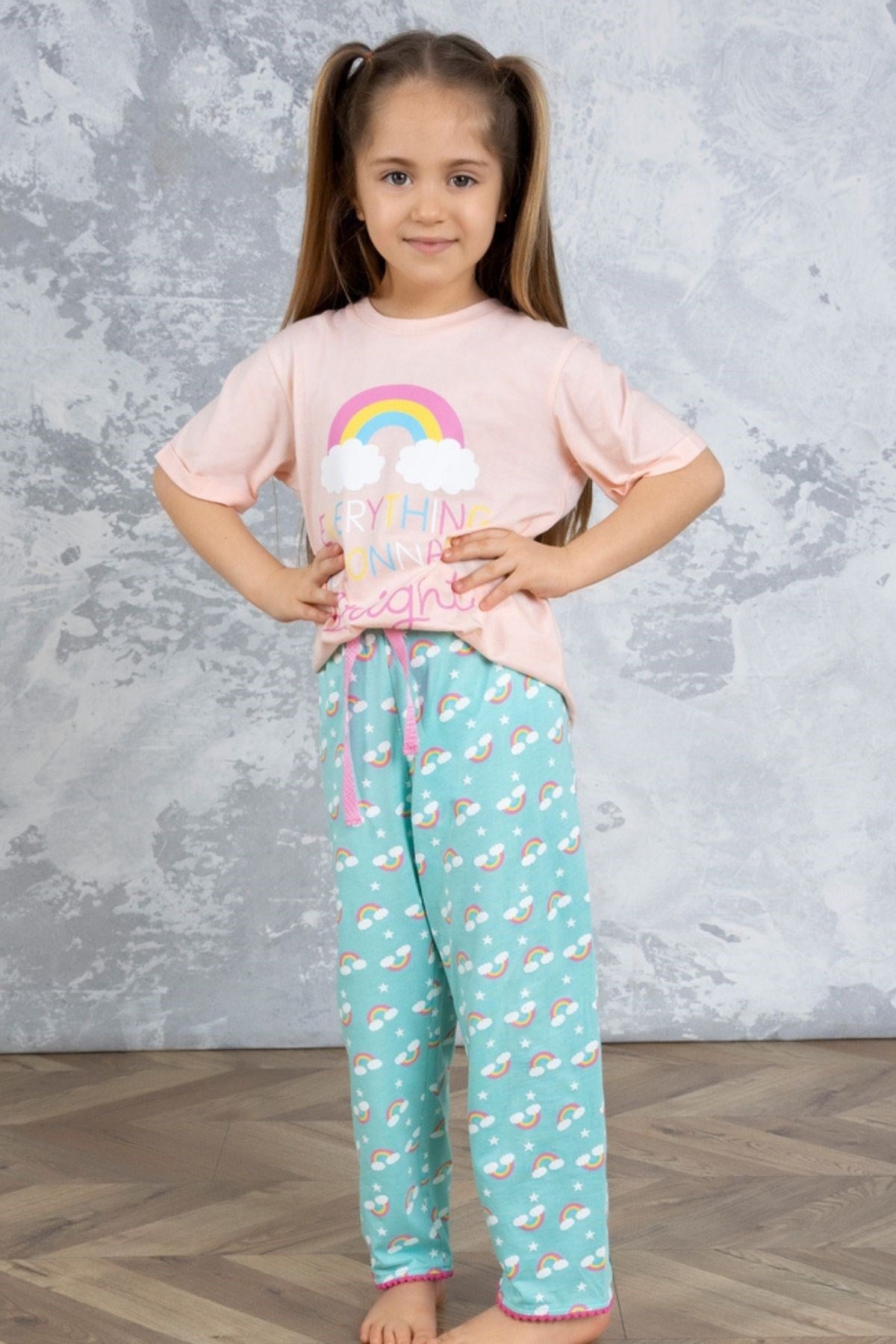 Gökkuşağı Baskılı Kız Çocuk Pijama Takımı-LIGHT Pembe