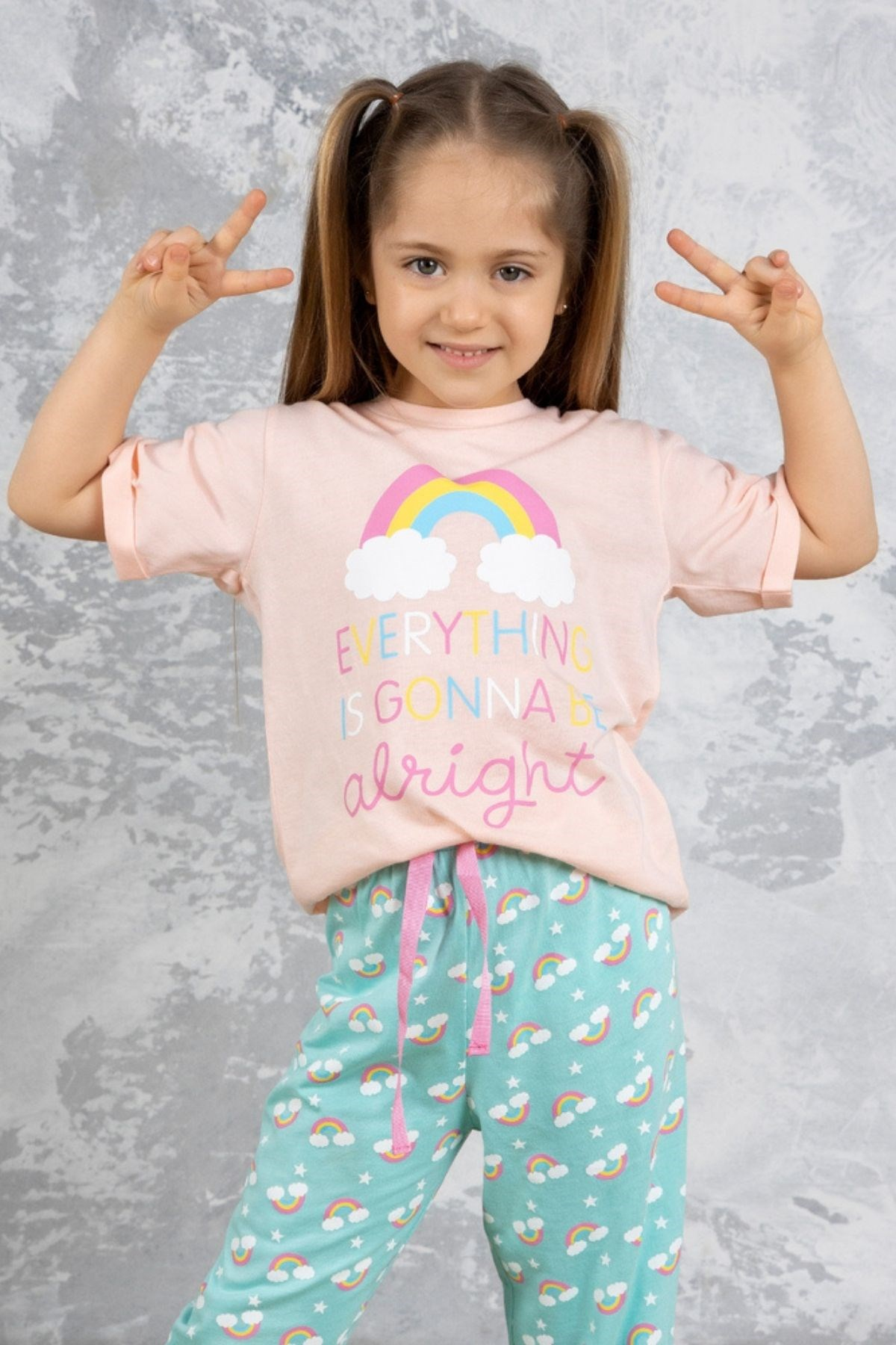 Gökkuşağı Baskılı Kız Çocuk Pijama Takımı-LIGHT Pembe