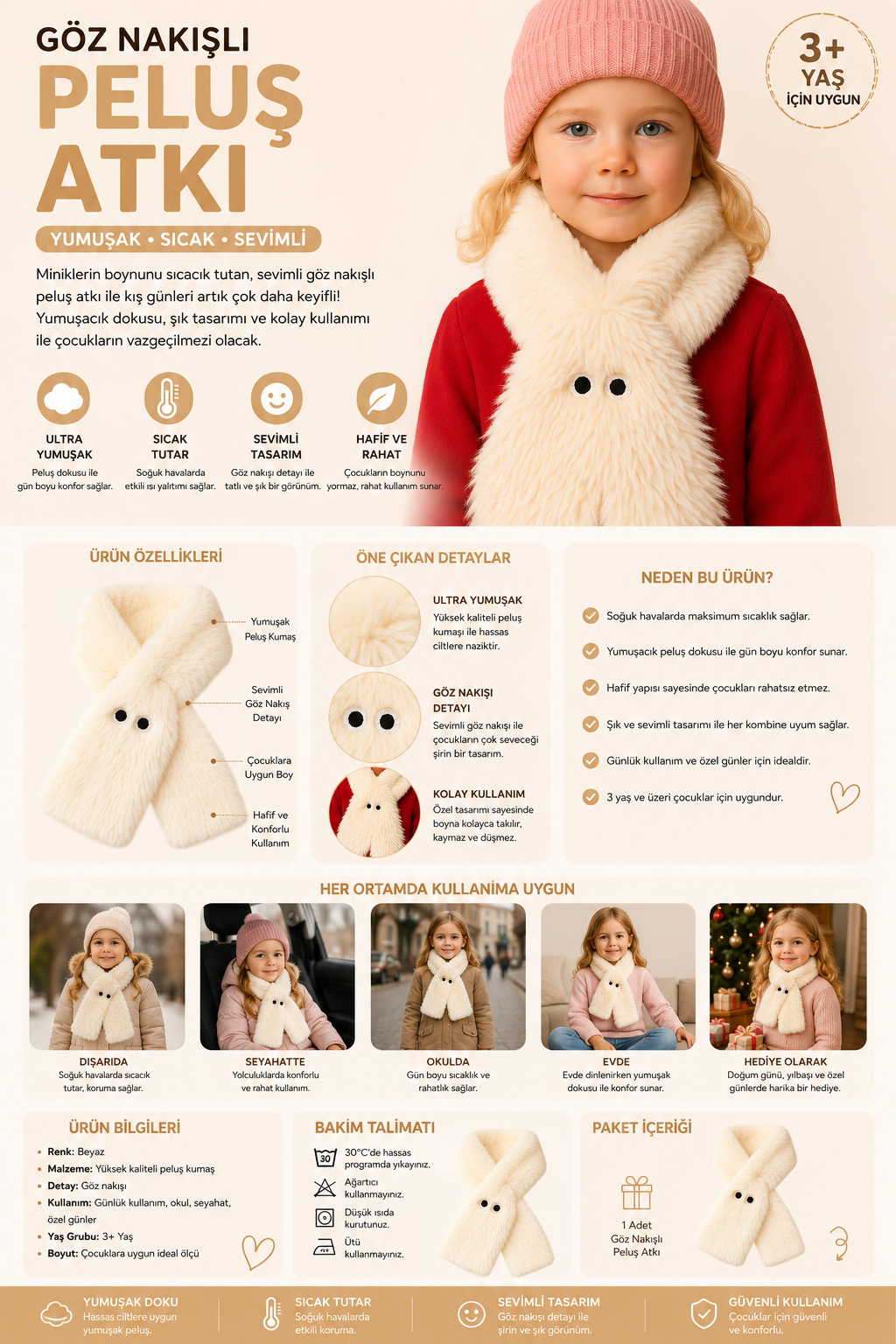 Göz Nakışlı Peluş Atkı Beyaz