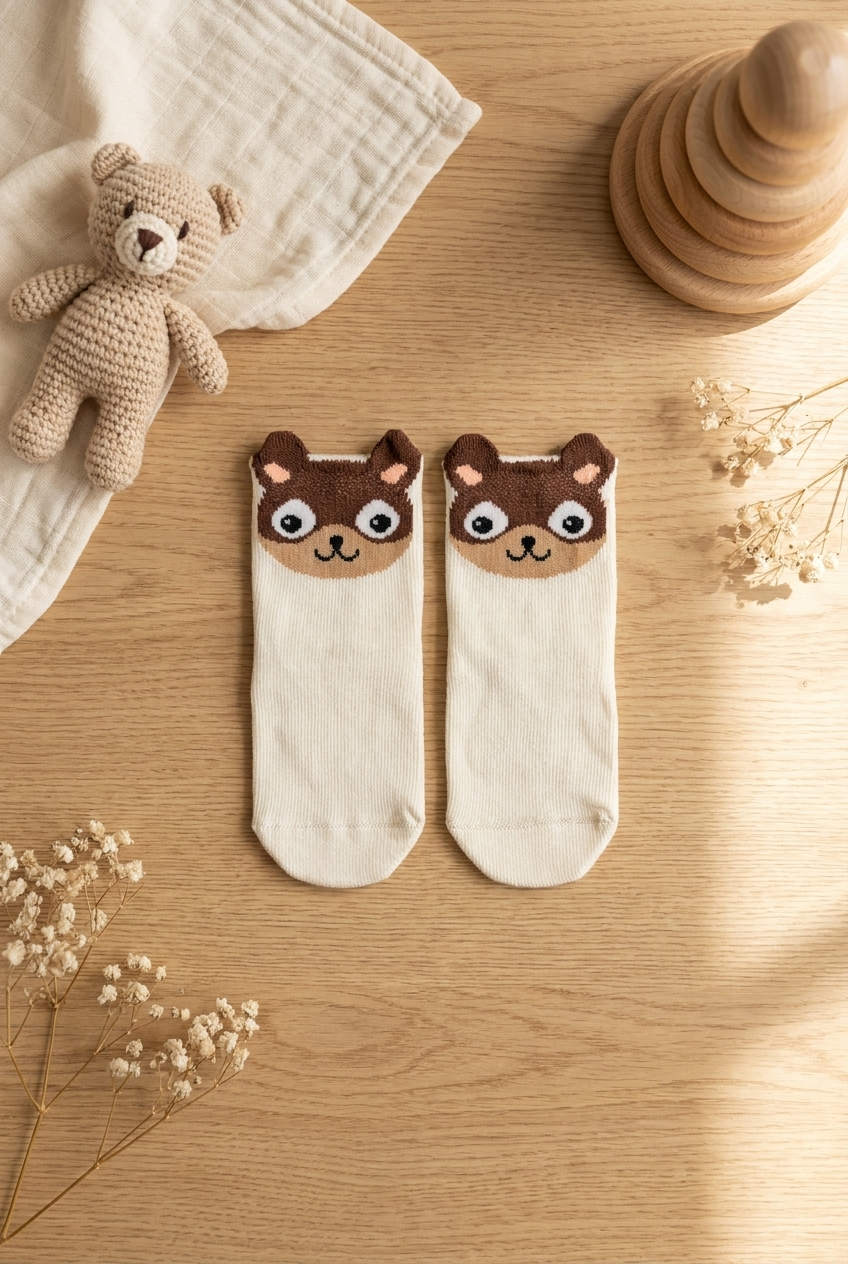 Animal Patterned Ecru Baby Socks