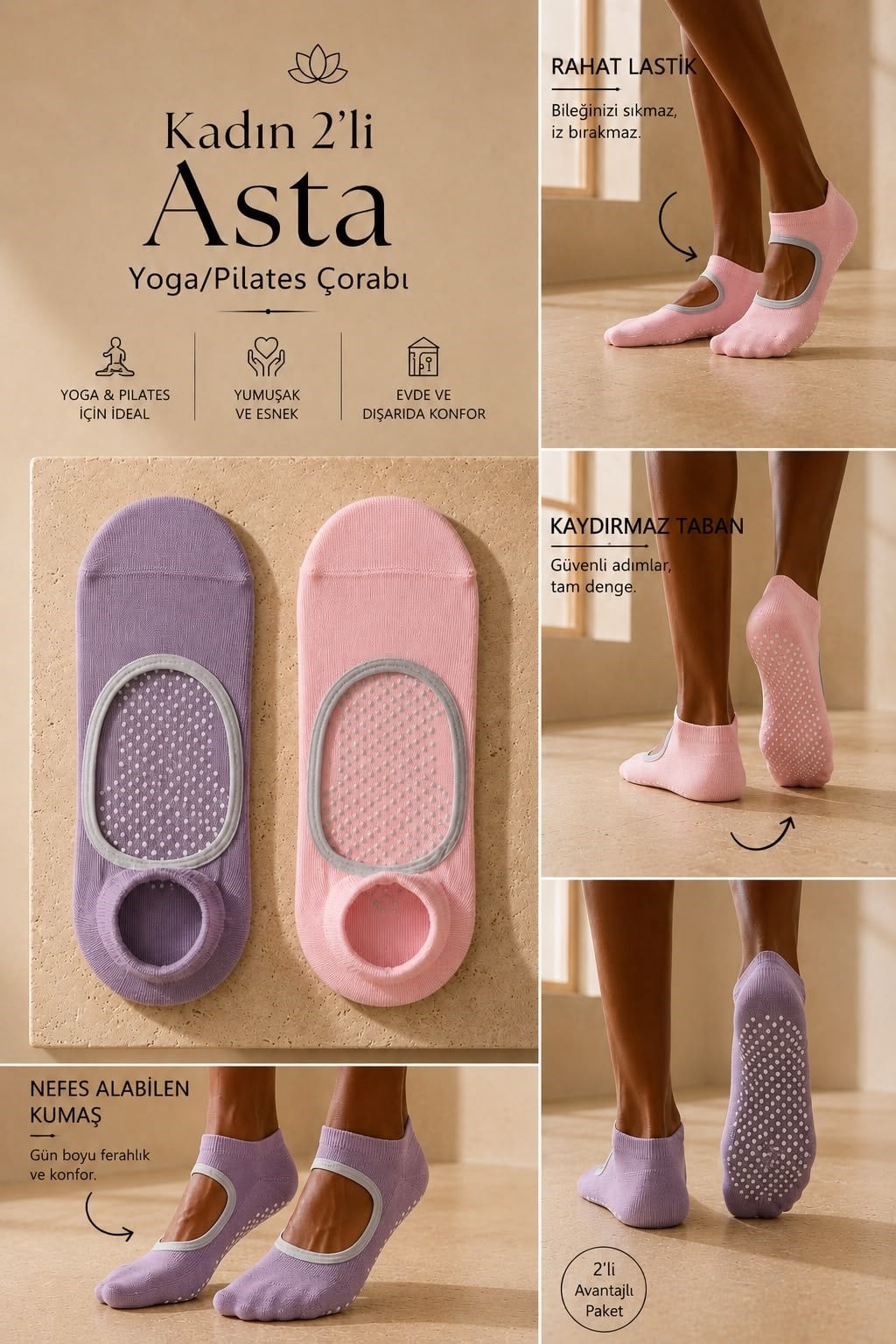 Women's 2-Piece Asta Yoga / Pilates Step Socks Light Pink / Dark Lilac