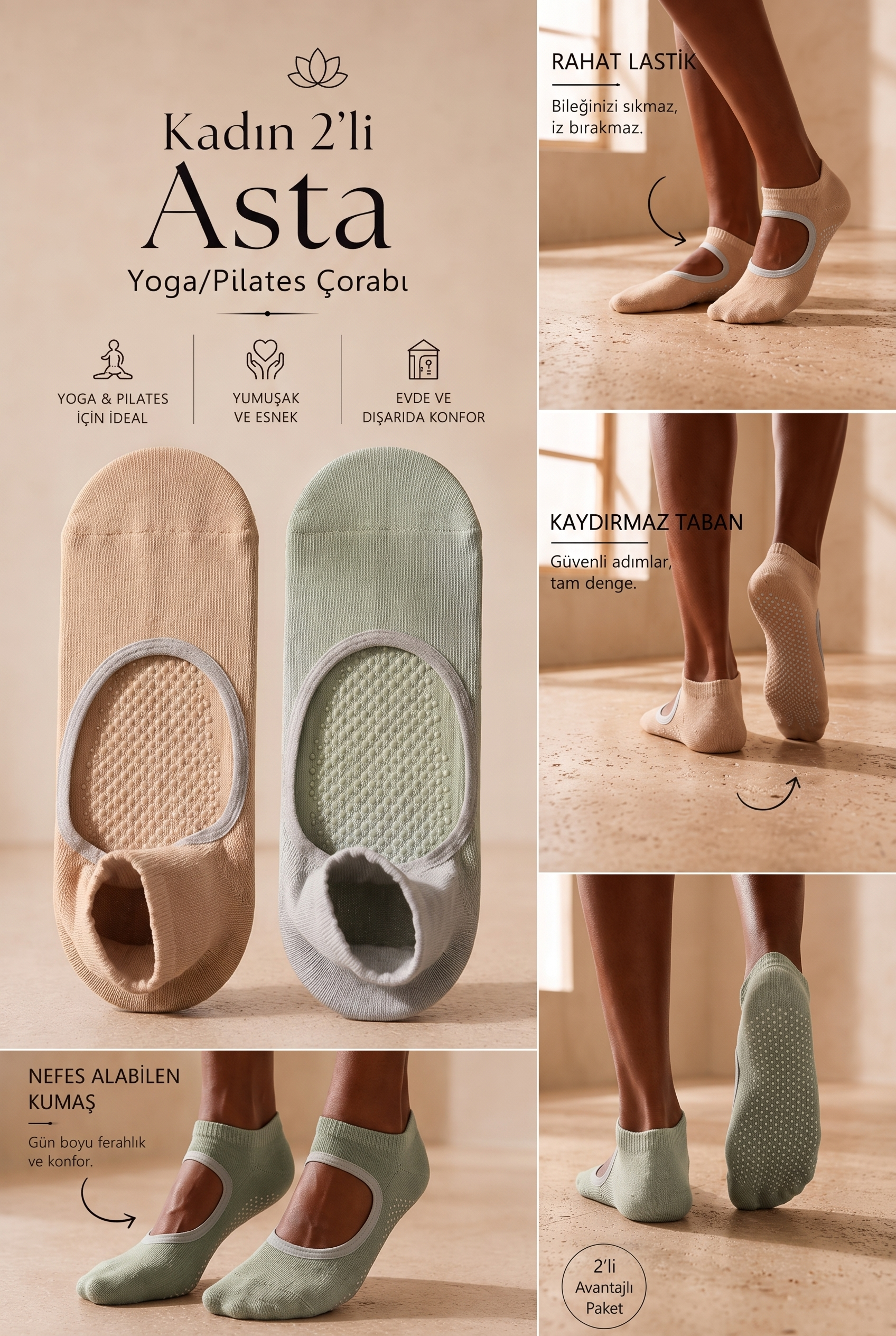 Women's 2-Piece Asta Yoga / Pilates Step Socks Beige / Light Green