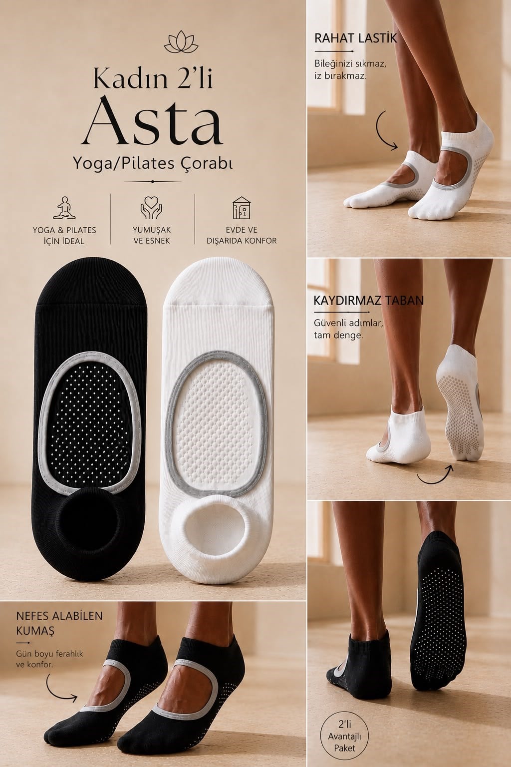 Women's 2-Piece Asta Yoga / Pilates Step Socks Black / White