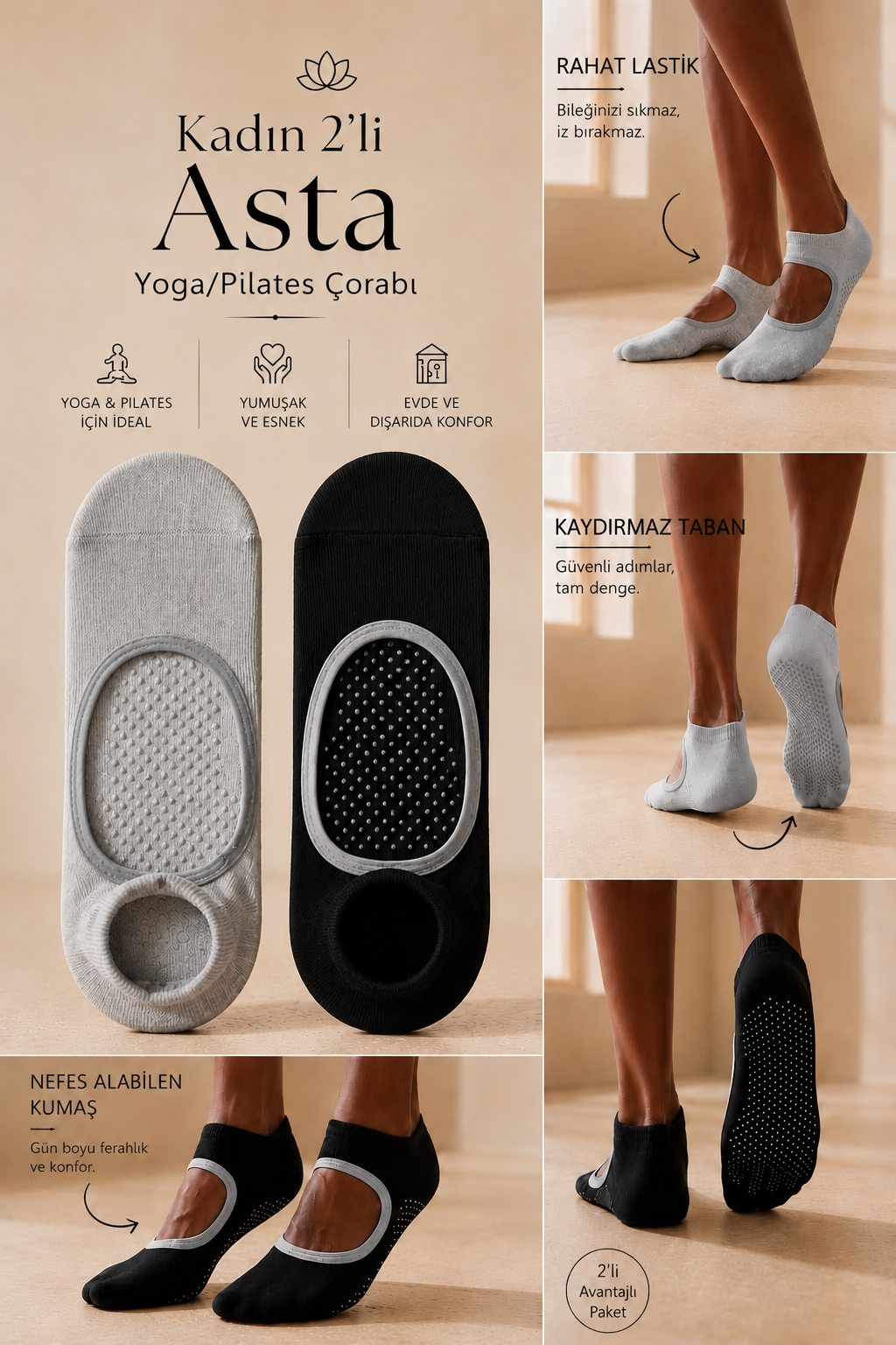 Women’s 2-Piece Asta Yoga / Pilates Step Socks Black / Gray Melange