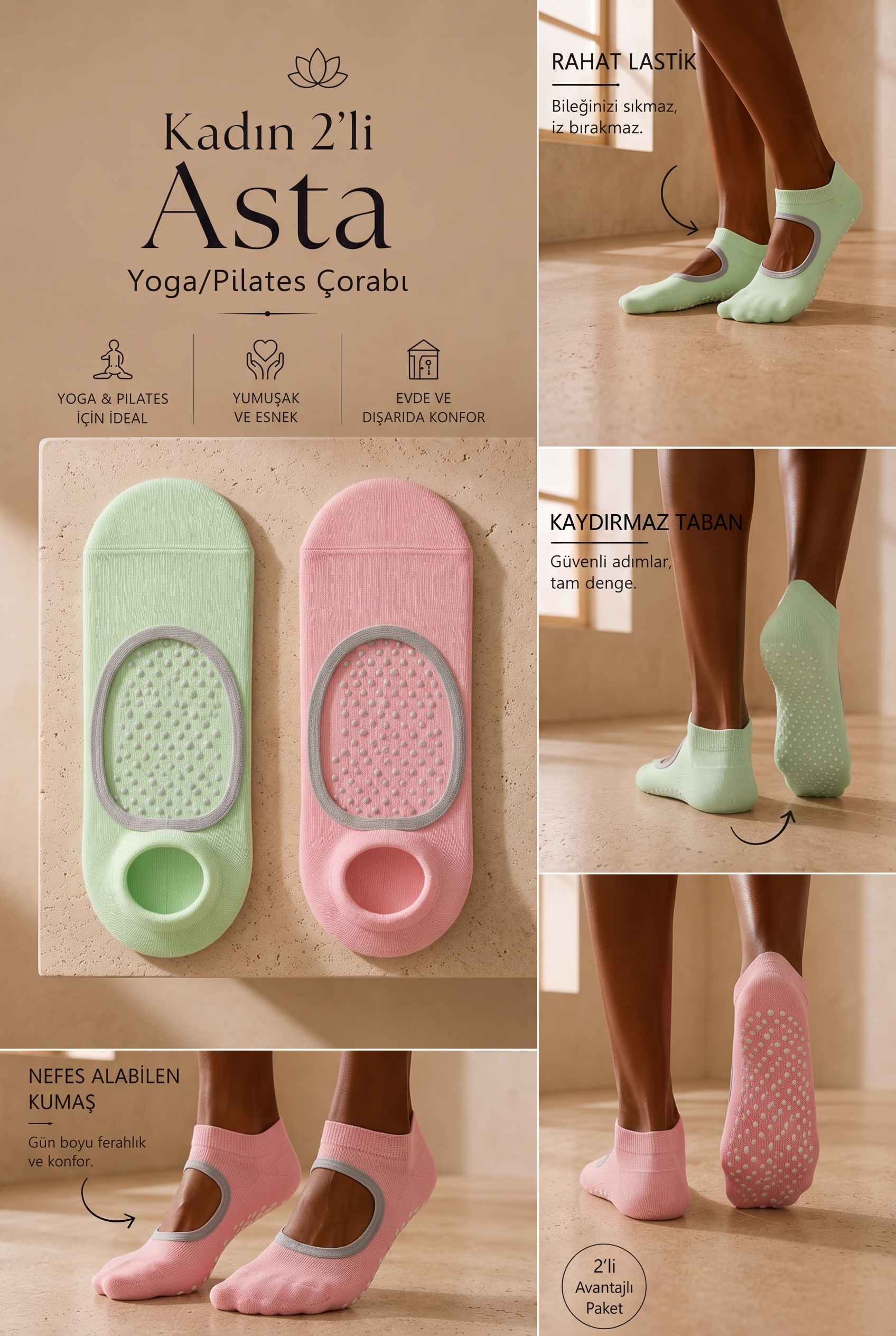 Women’s 2-Piece Asta Yoga / Pilates Step Socks Light Green / Pink