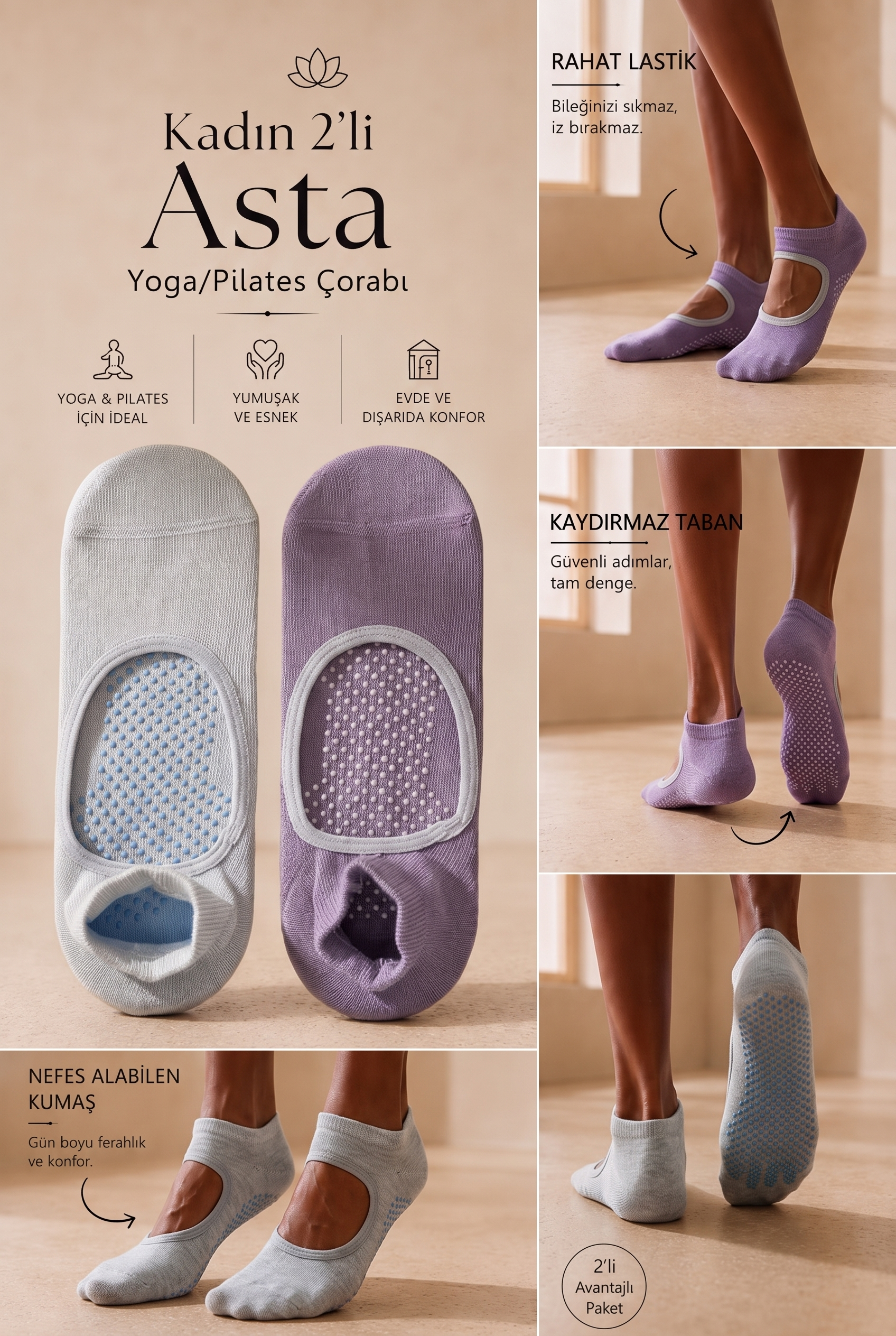 Women’s 2-Piece Asta Yoga / Pilates Step Socks Light Blue / Lilac
