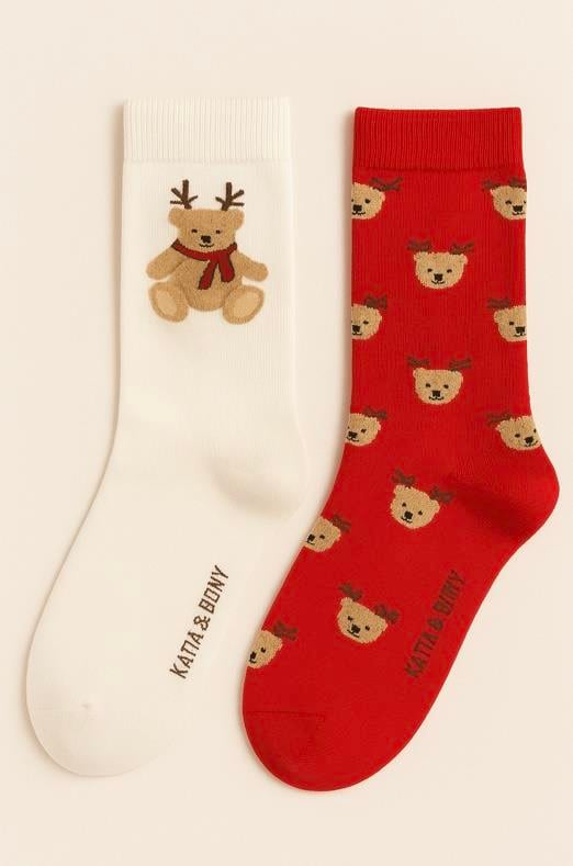 Kadın 2'li Teddy Desenli Yılbaşı Temalı Soket Çorap Kırmızı Mix