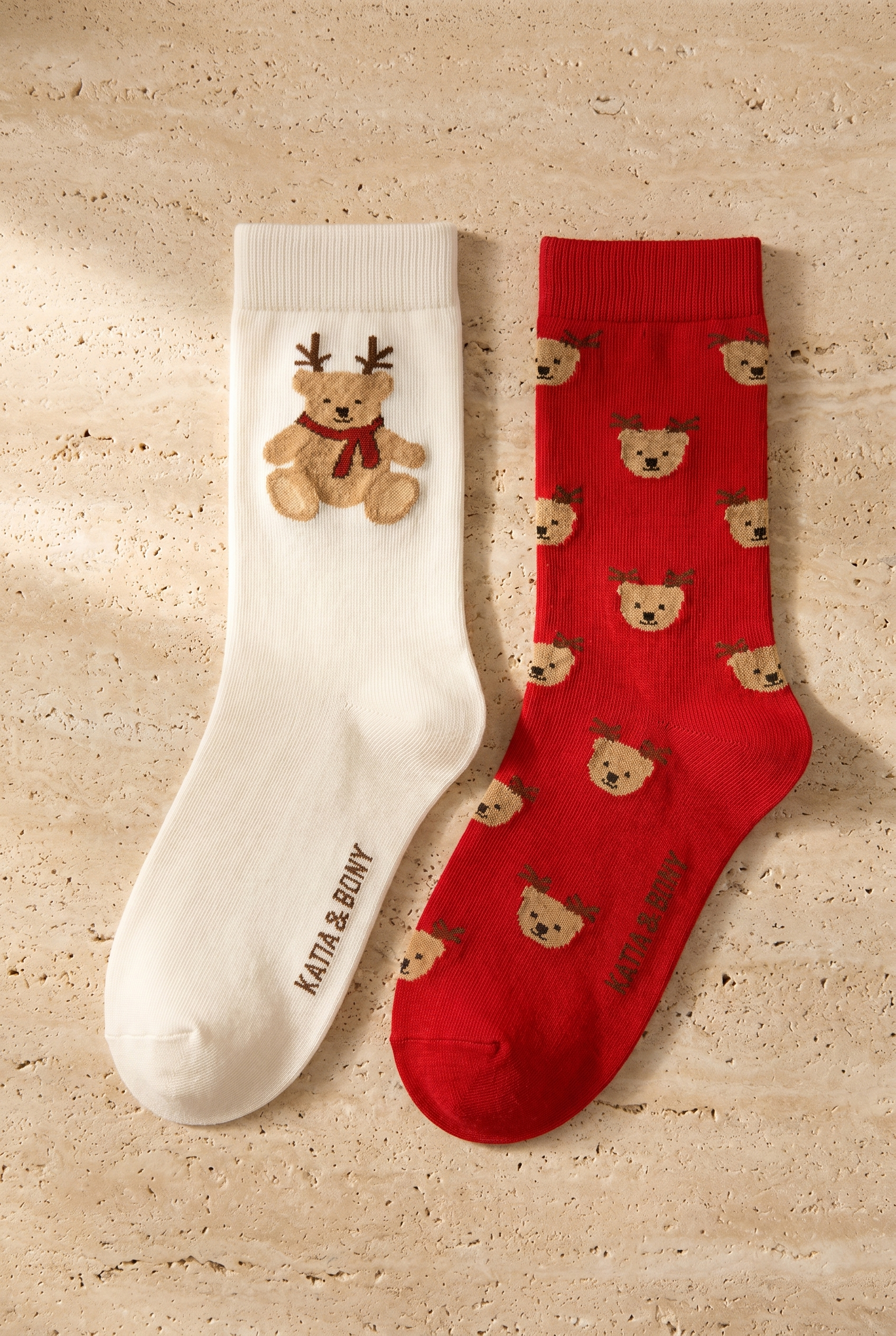 Kadın 2'li Teddy Desenli Yılbaşı Temalı Soket Çorap Ekru Mix