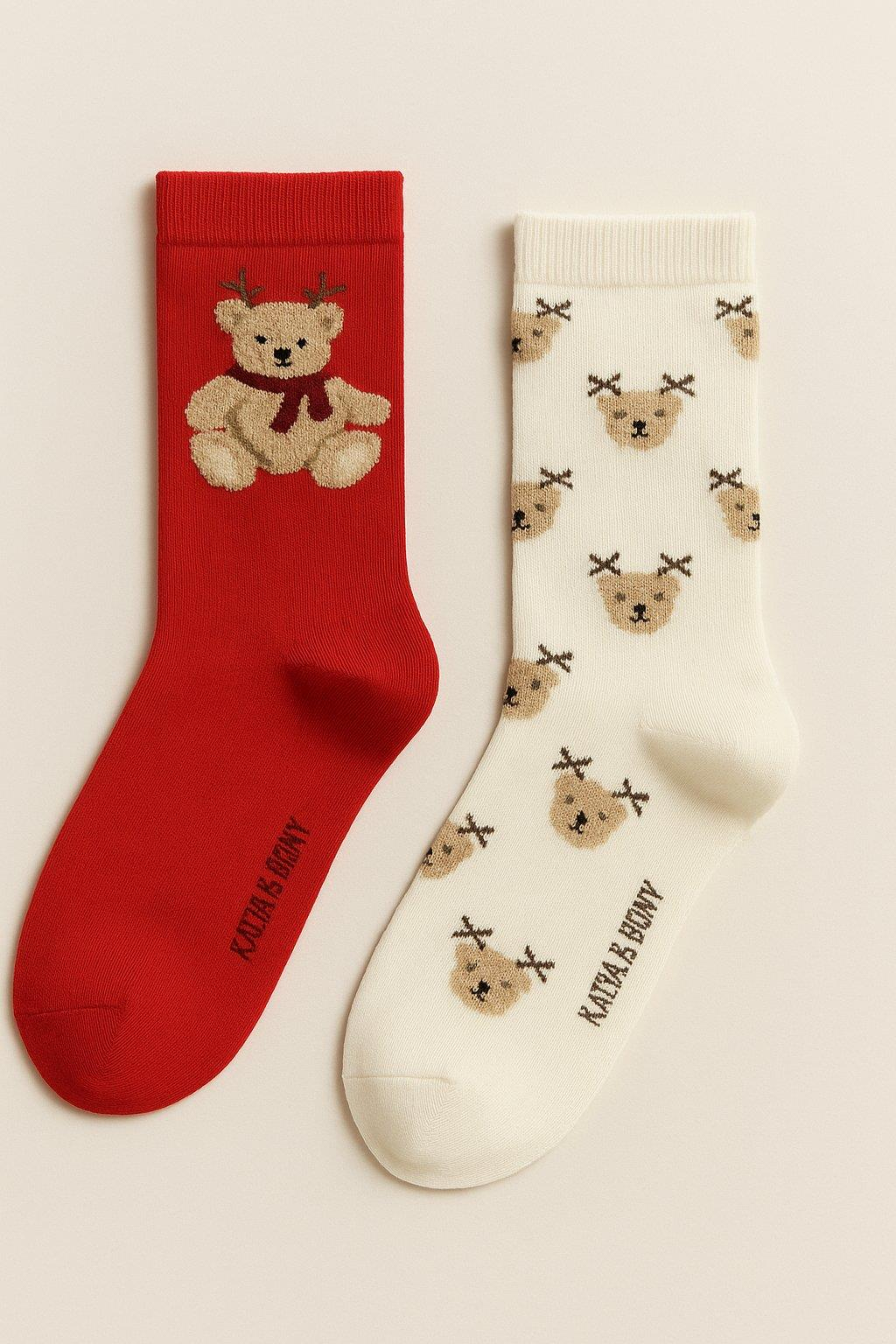 Kadın 2'li Teddy Desenli Yılbaşı Temalı Soket Çorap Ekru Mix