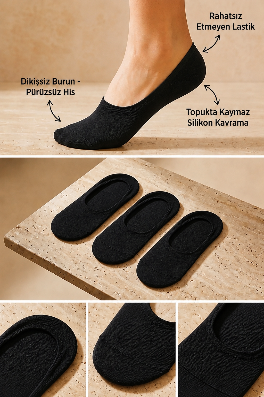 Kadın 3'lü Paket Basic Görünmez Babet Çorap Siyah/Siyah/Siyah