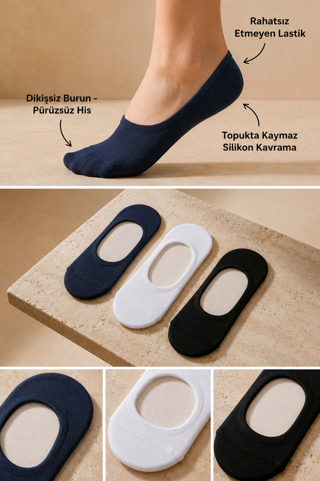 Kadın 3'lü Paket Basic Görünmez Babet Çorap Siyah/Beyaz/Lacivert