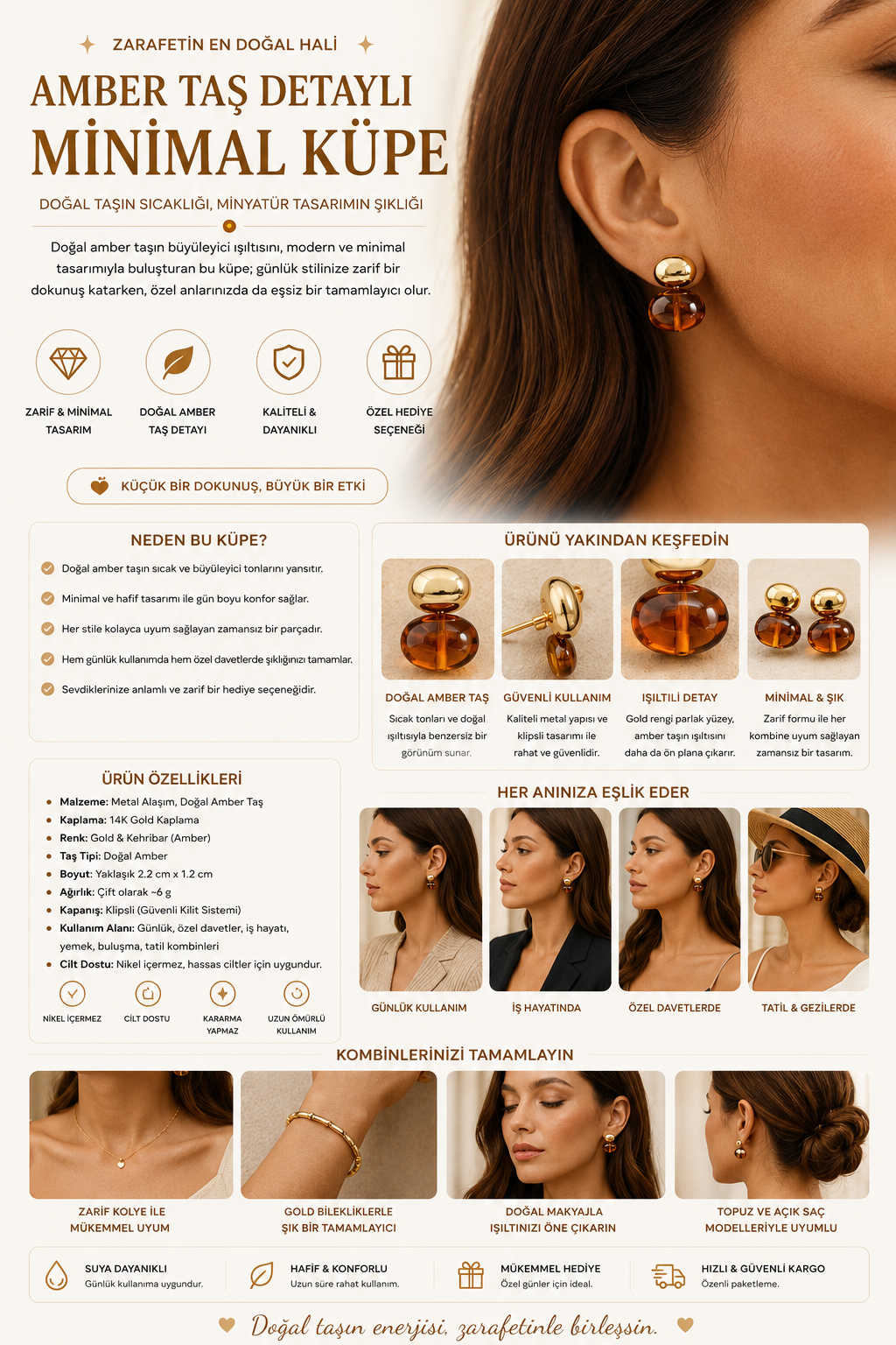 Women's Amber Stone Detailed Minimal Earrings