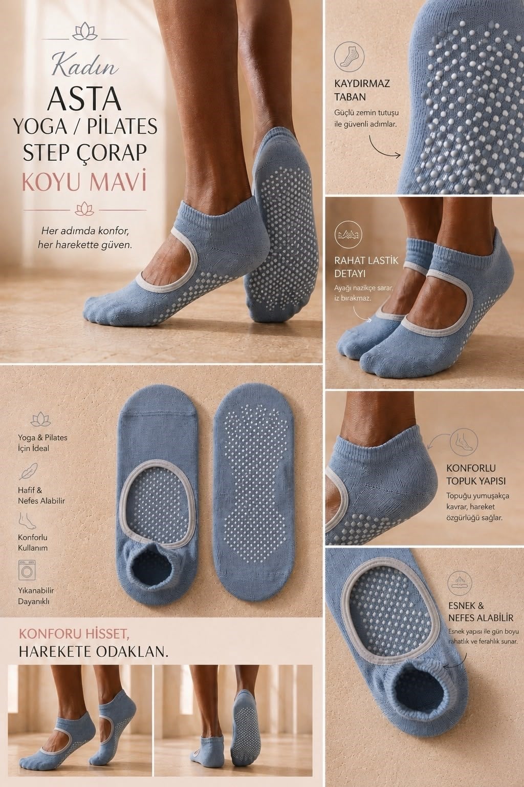 Kadın Asta Yoga / Pilates Step Çorap Koyu Mavi