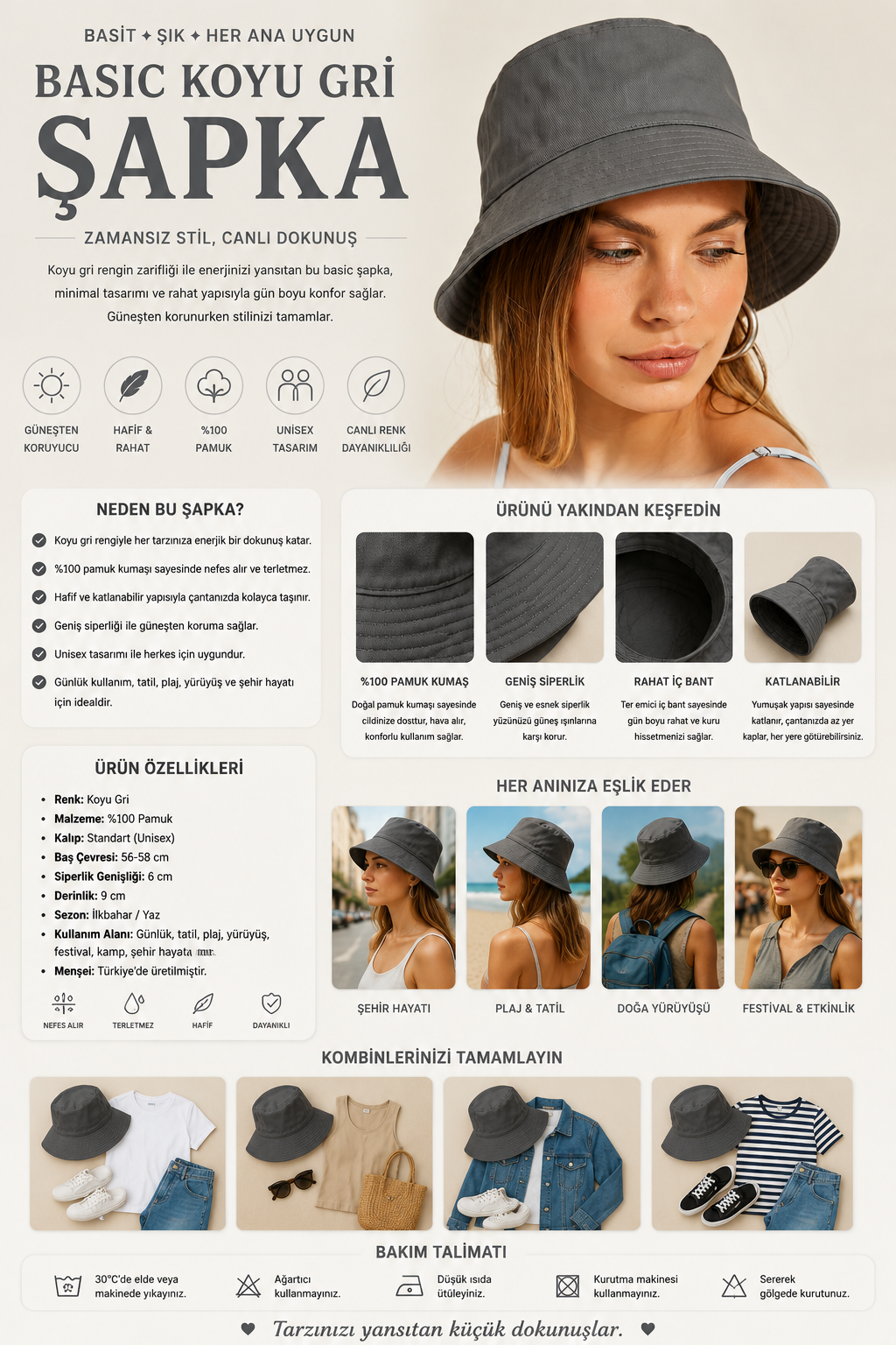 12605W5024 BASIC KADIN ŞAPKA DARK GREY