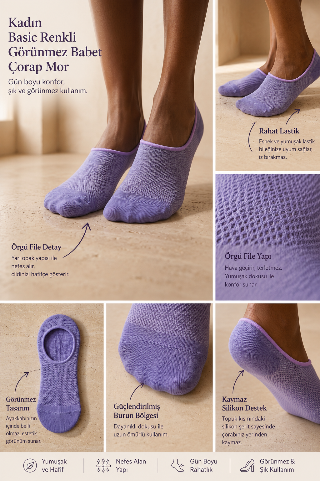Women's Basic Colored Invisible Ballerina Socks Purple