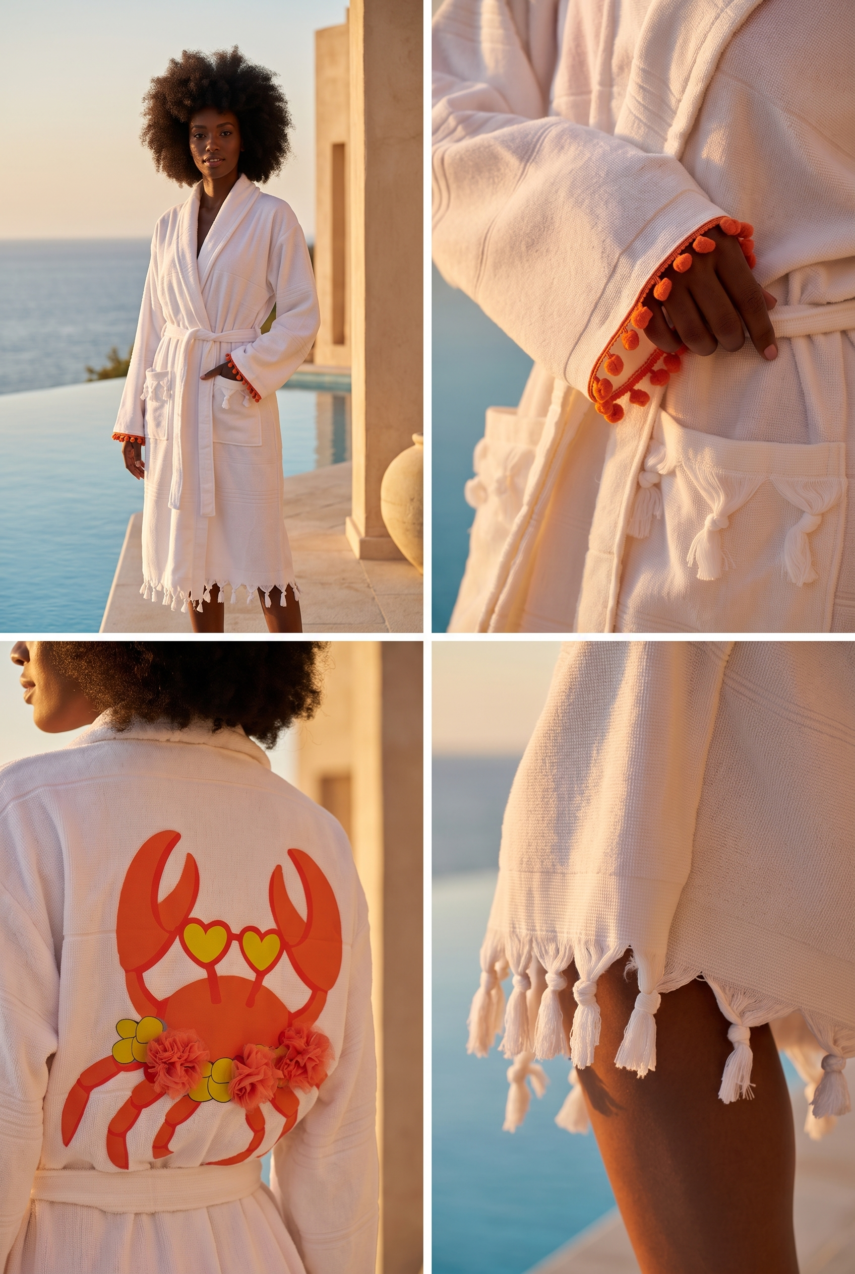 Women's White Colored Crab Printed Peshtemal Bathrobe