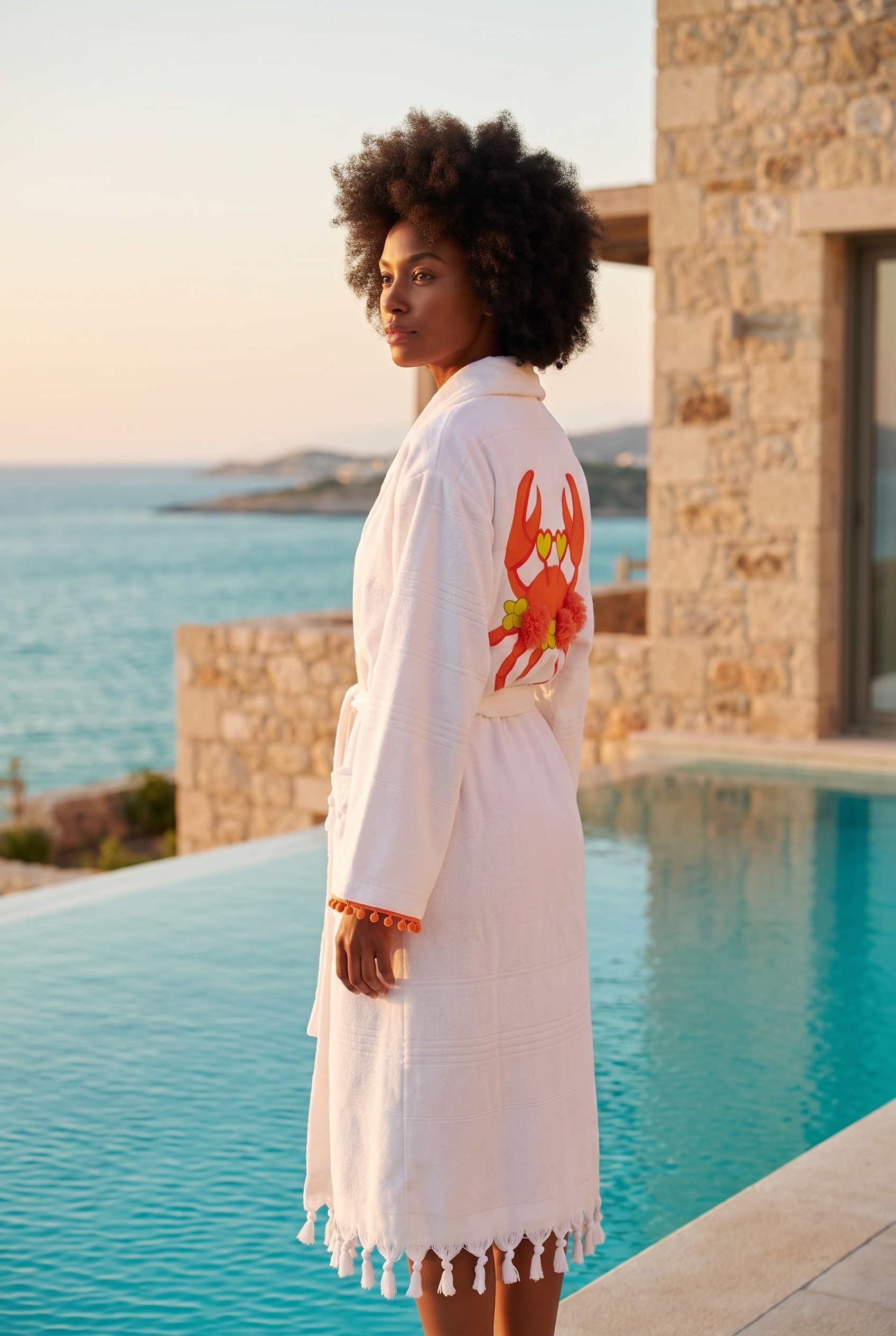 Women's White Colored Crab Printed Peshtemal Bathrobe