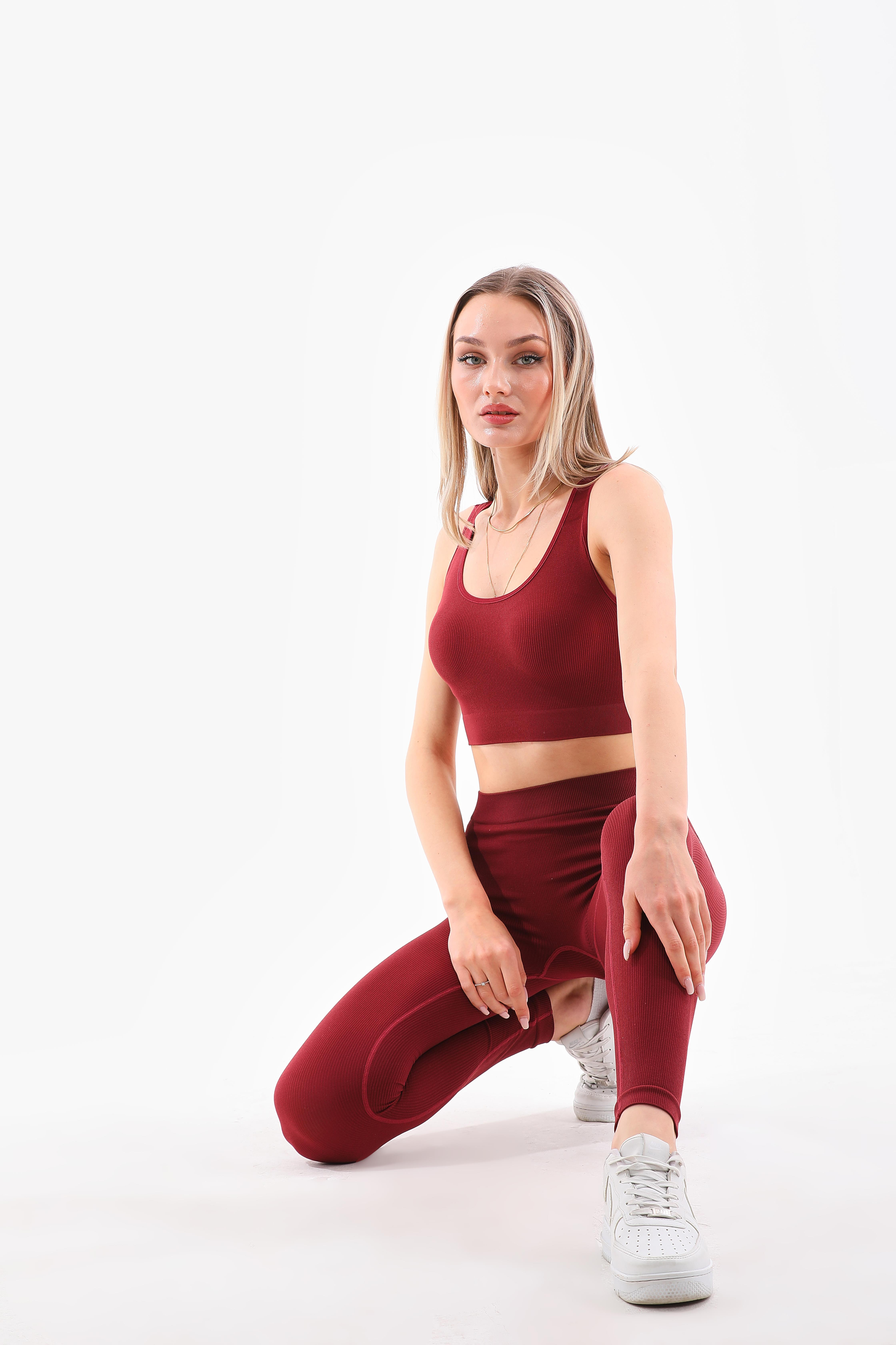 Kadın Bordo Renkli Fitilli Seamless Tayt