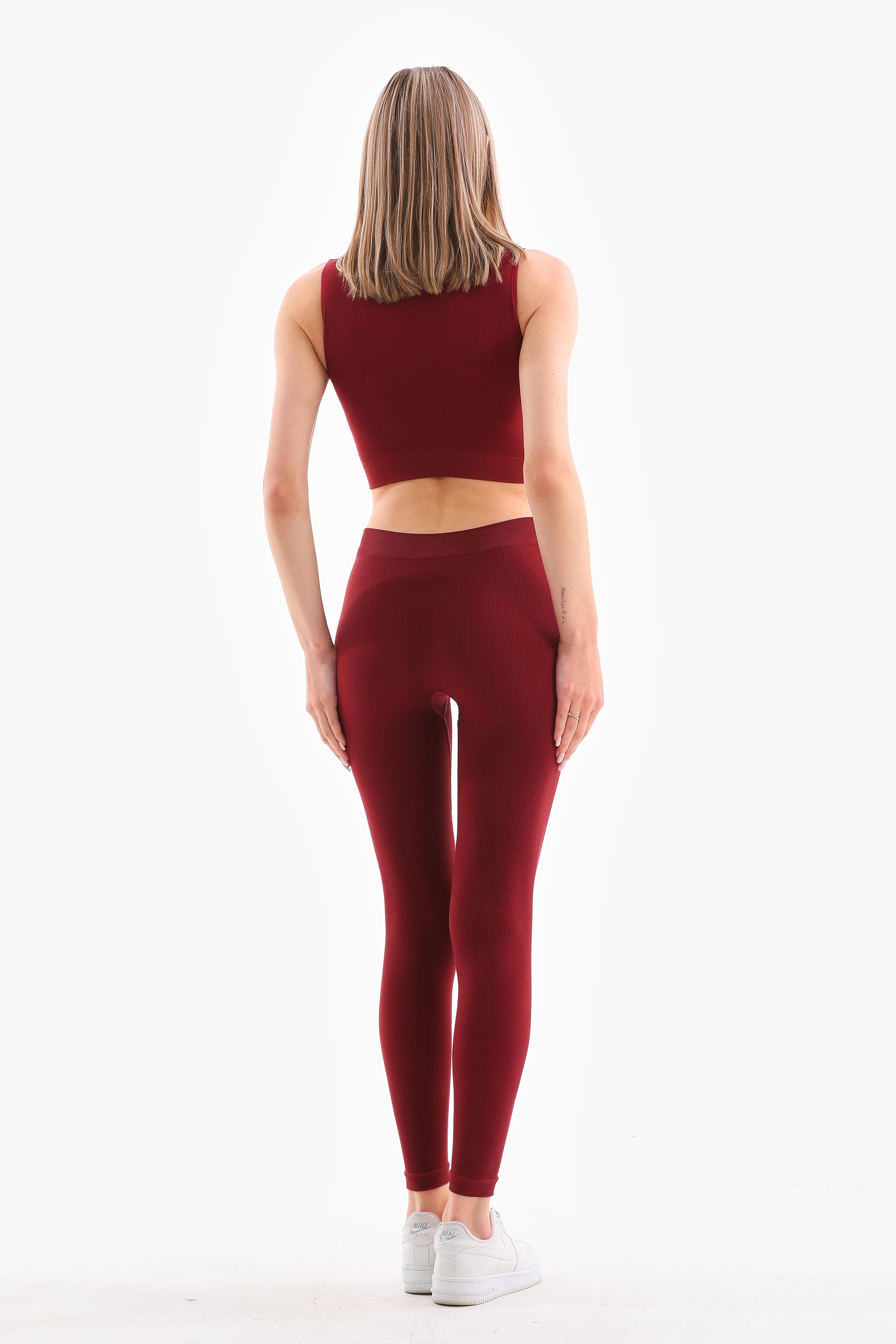 Kadın Bordo Renkli Fitilli Seamless Tayt