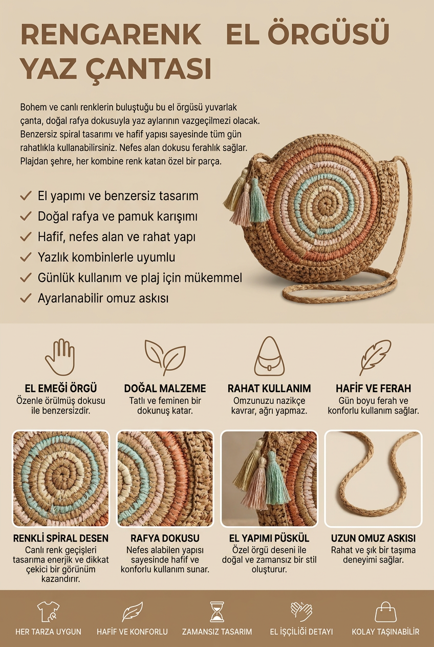 Kadın Camel Çok Renkli Mini Cepli Fermuarlı El Örgüsü Hasır Çanta