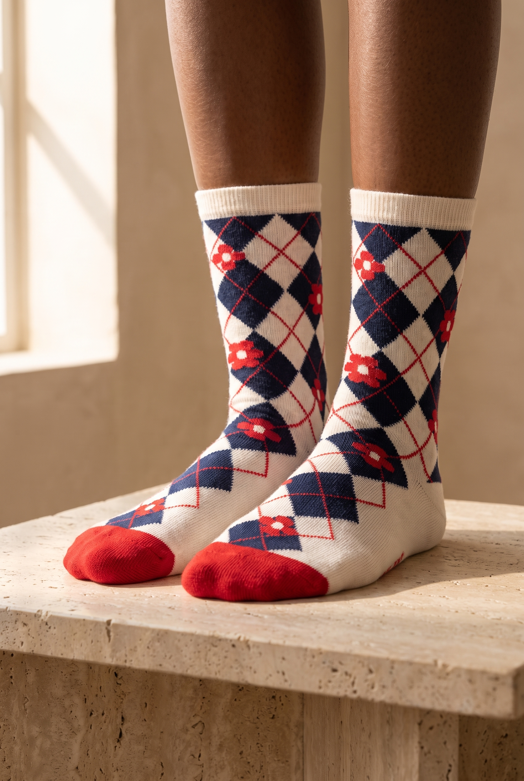 Plaıd Floral Women's Socks Ecru