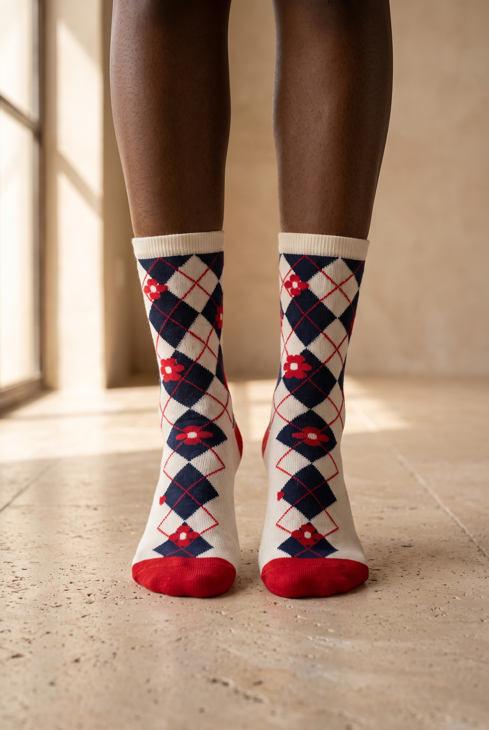 Plaıd Floral Women's Socks Ecru