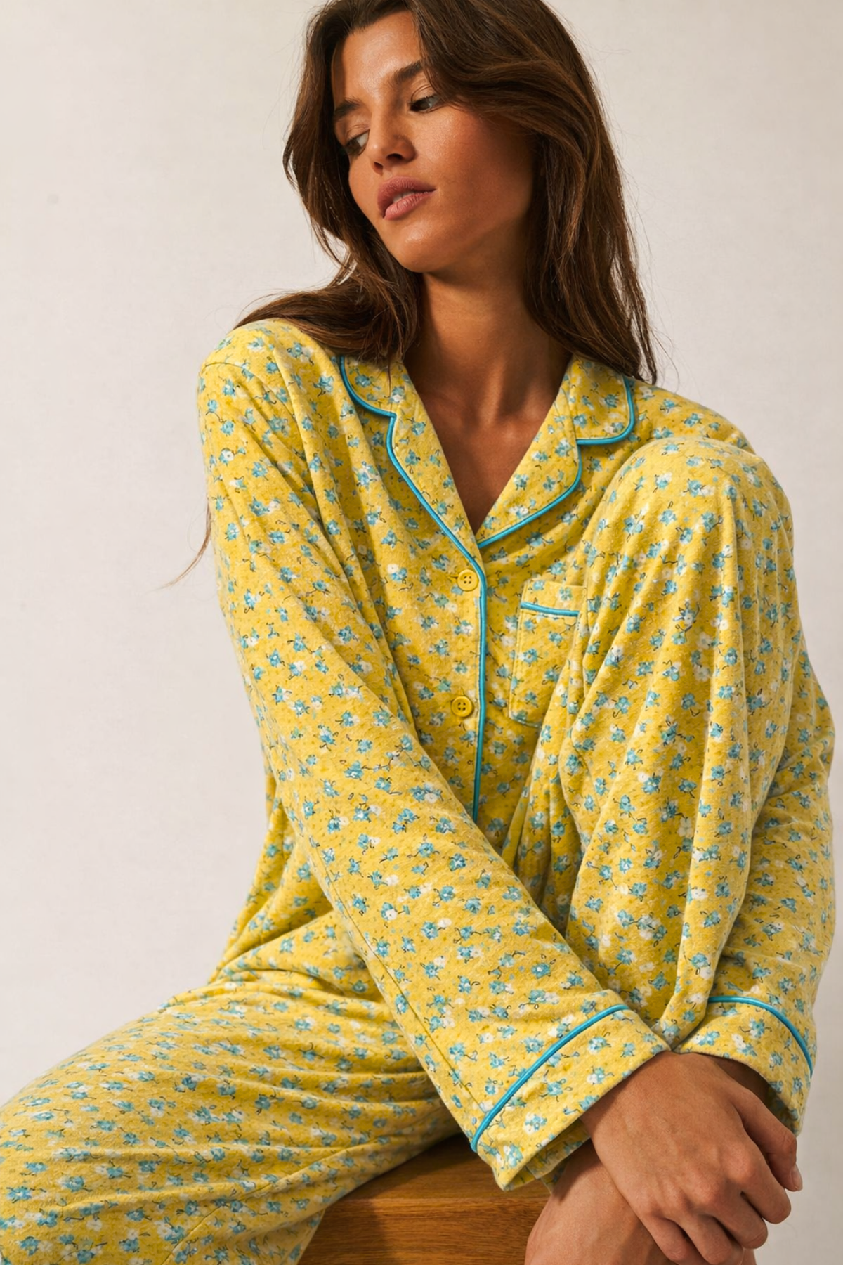 22512W3009 RETRO FLORALS ÇİÇEKLİ KADIN PİJAMA TAKIM Hardal