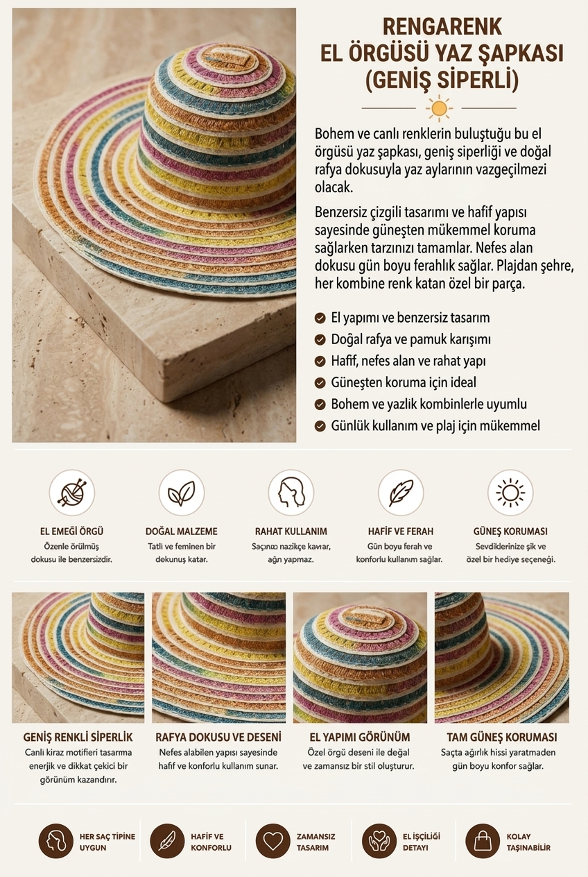 Kadın Çok Renkli Büyük Hasır Şapka