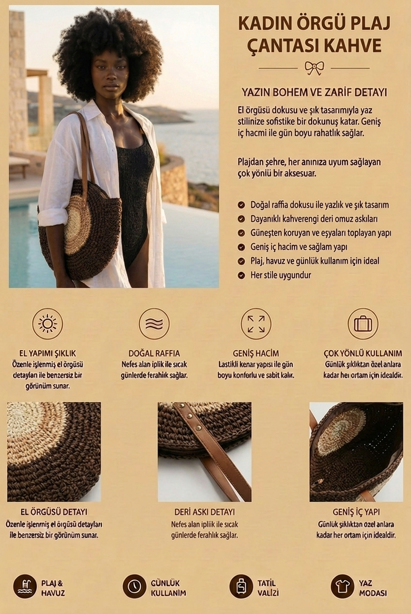12605W5048 RENKLİ HASIR KADIN ÇANTA BROWN